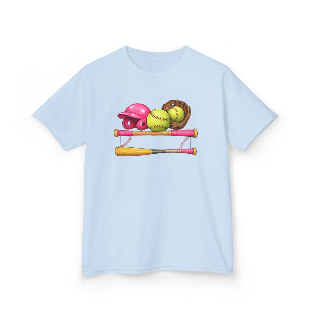 Kids Softball Gear T-Shirt — Pink Helmet, Bat & Glove Baseball Design
