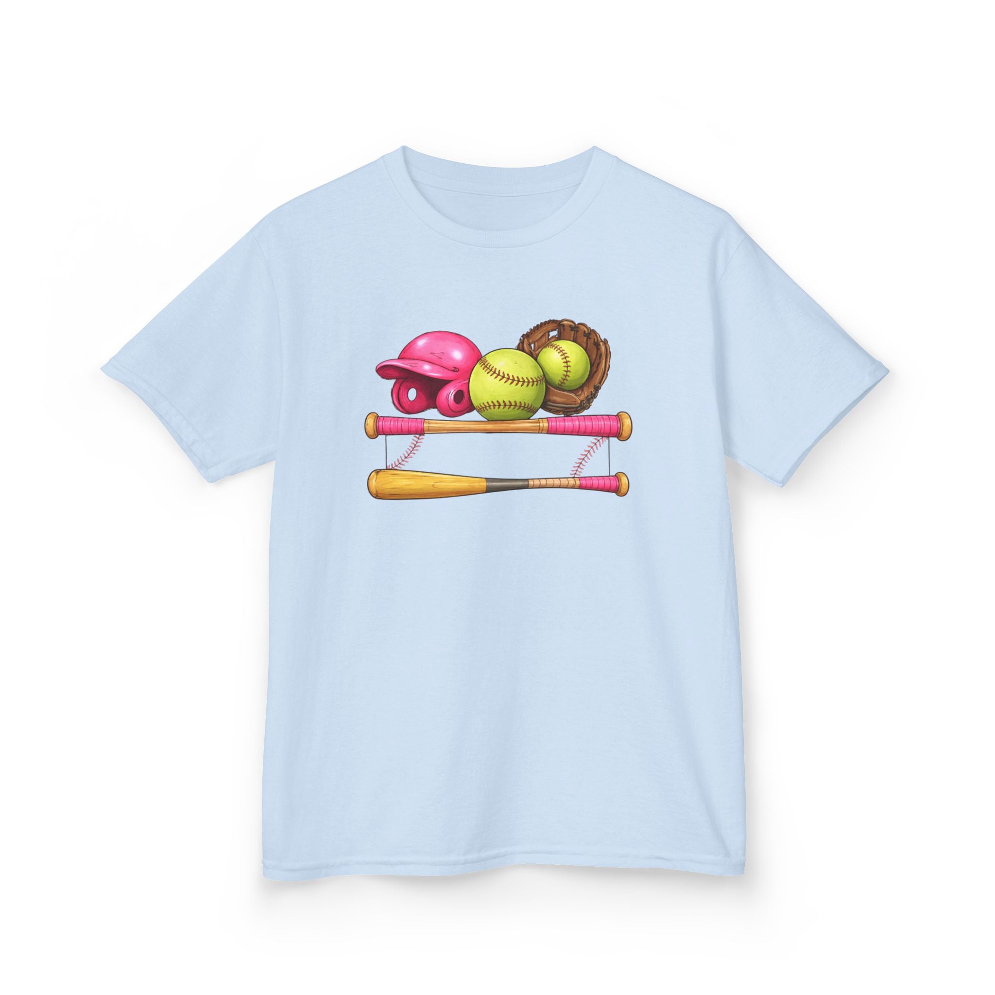 Kids Softball Gear T-Shirt — Pink Helmet, Bat & Glove Baseball Design