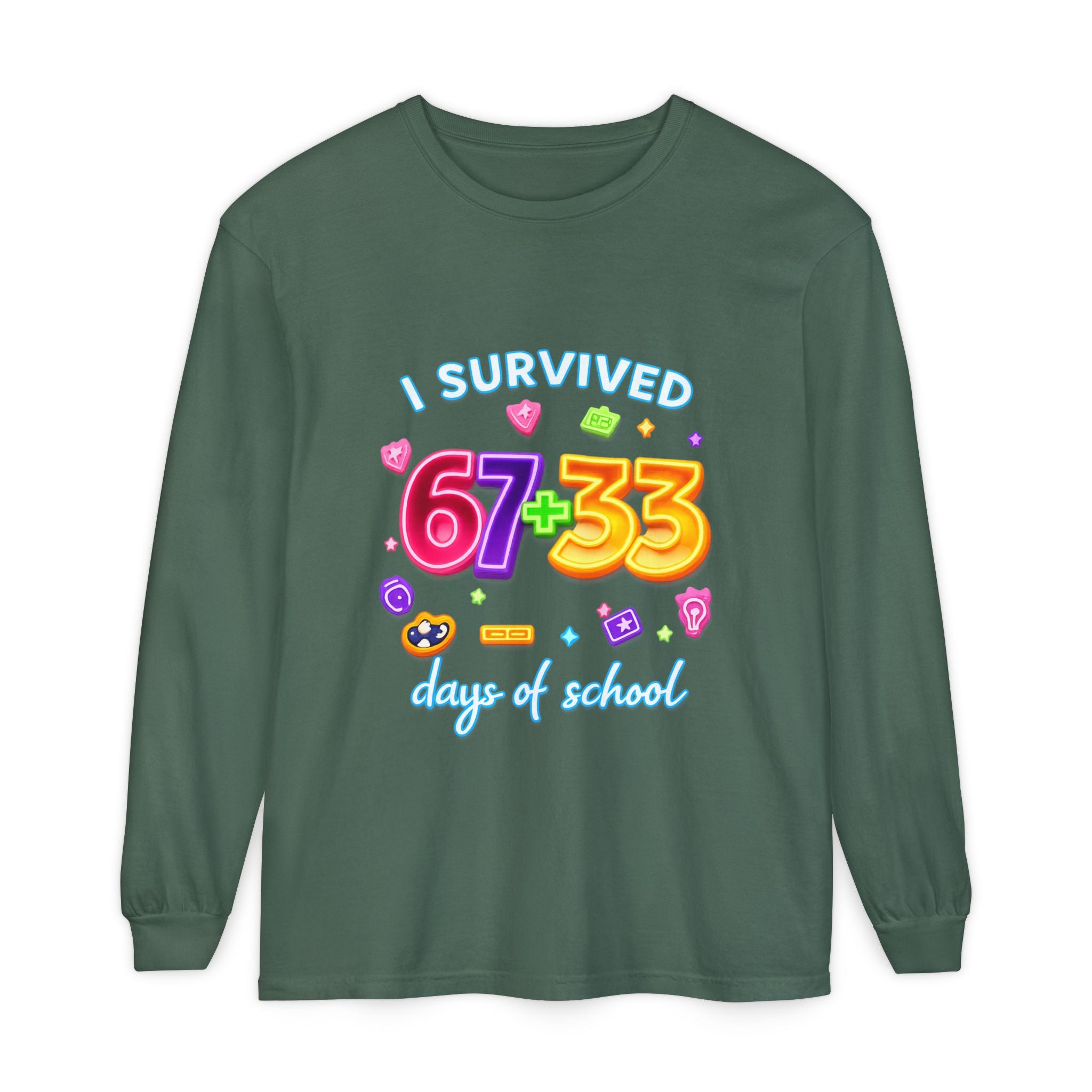 Long Sleeve T‑Shirt "I Survived 67+33 Days of School" — Cute Colorful End‑of‑School Celebration Tee