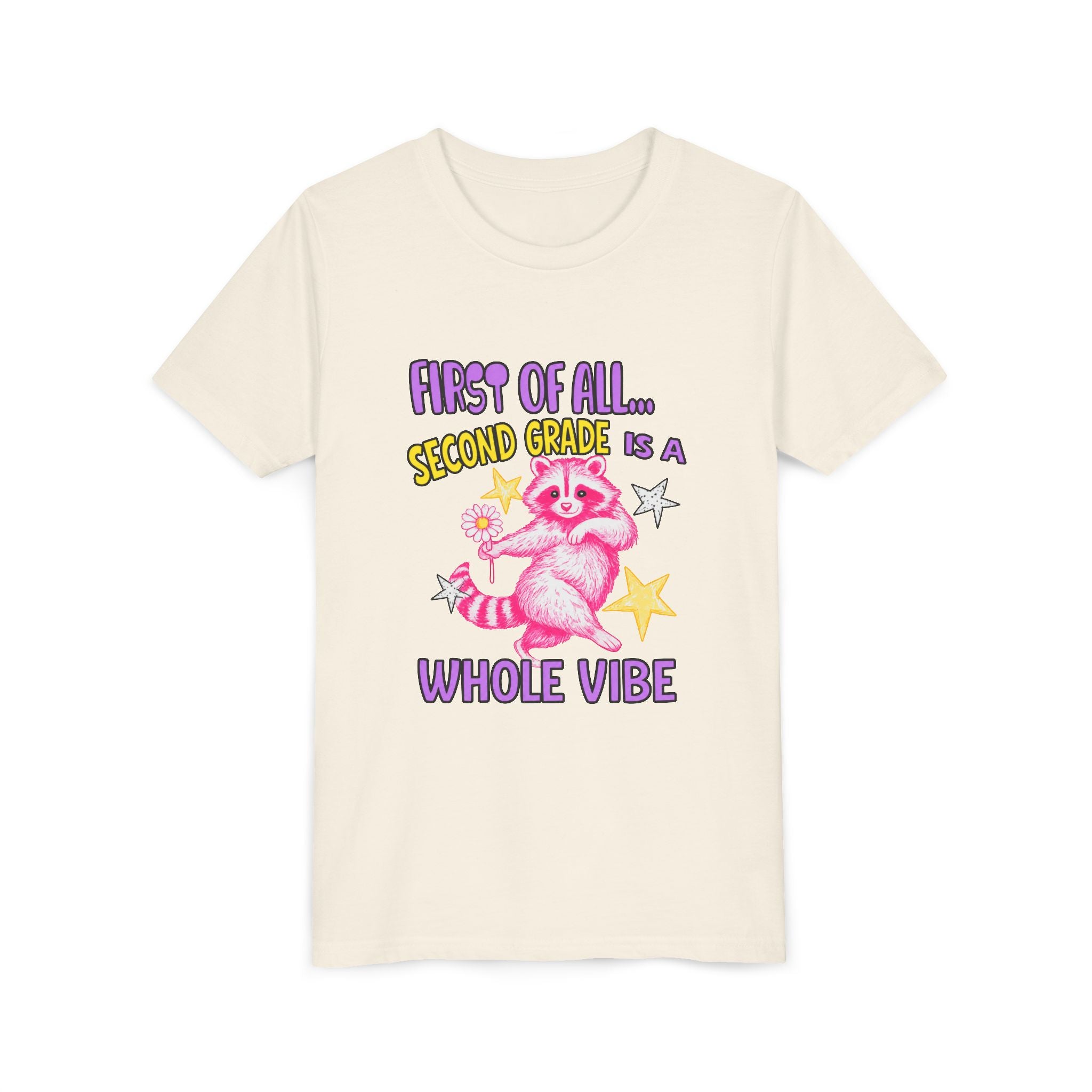 Youth Tee — "First of All... Second Grade Is a Whole Vibe" Pink Raccoon Back-to-School Shirt
