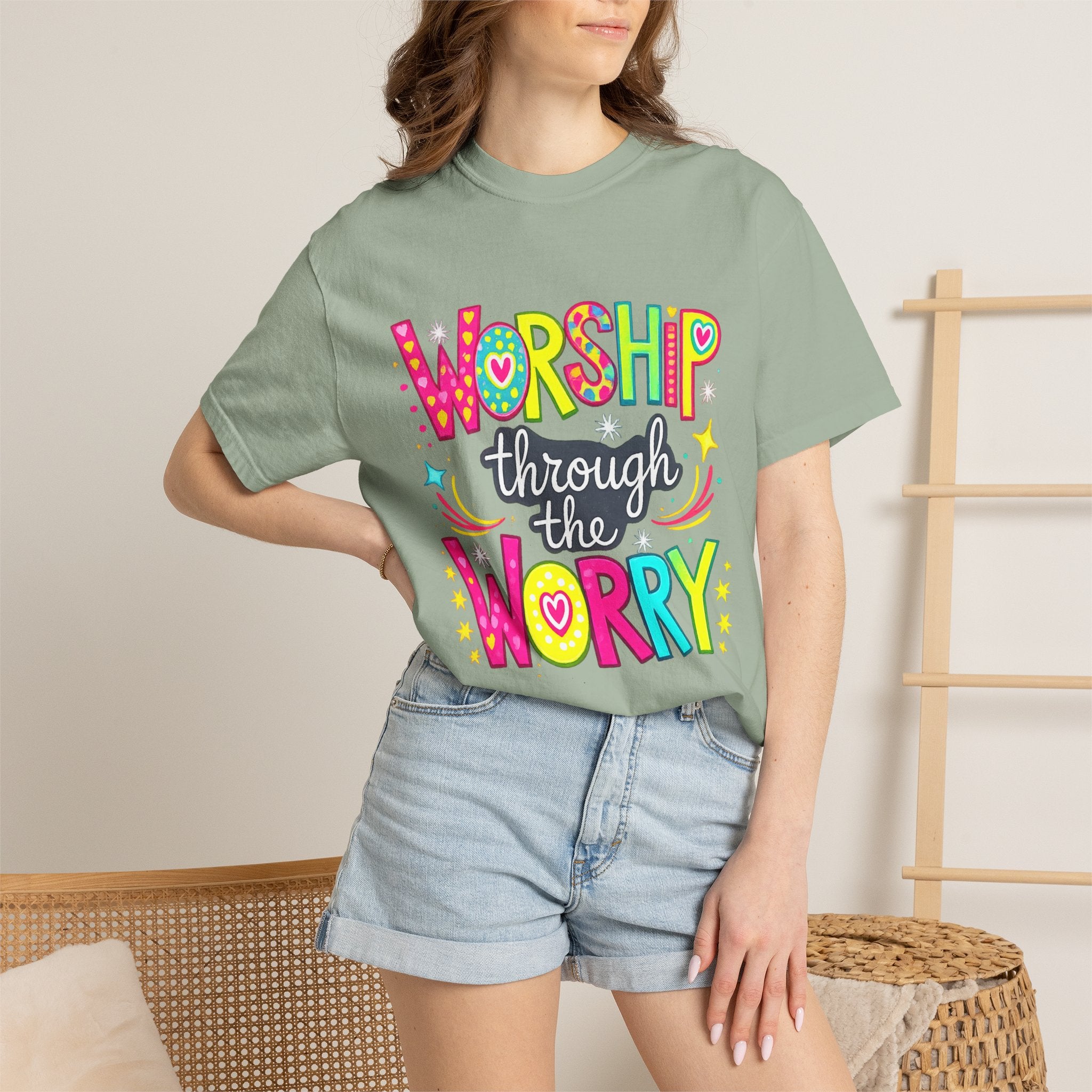 Worship Through the Worry T-Shirt — Colorful Christian Faith Tee