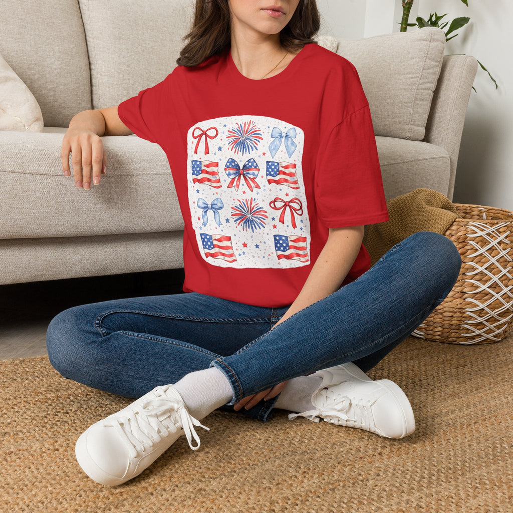 Patriotic 4th of July T-Shirt — USA Flag Bows & Fireworks Design