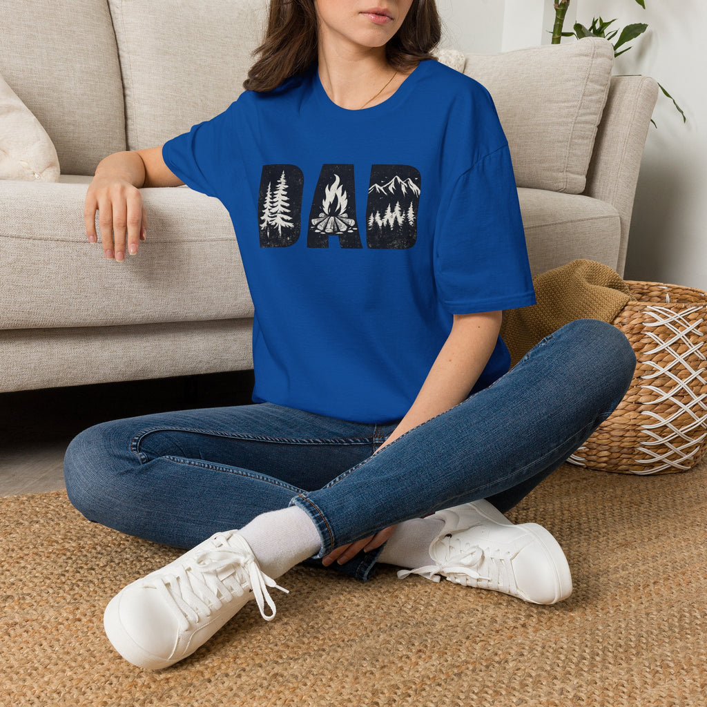 Dad Camping T-Shirt — Rustic Outdoors Father’s Day Shirt (DAD with Trees, Campfire & Mountains)