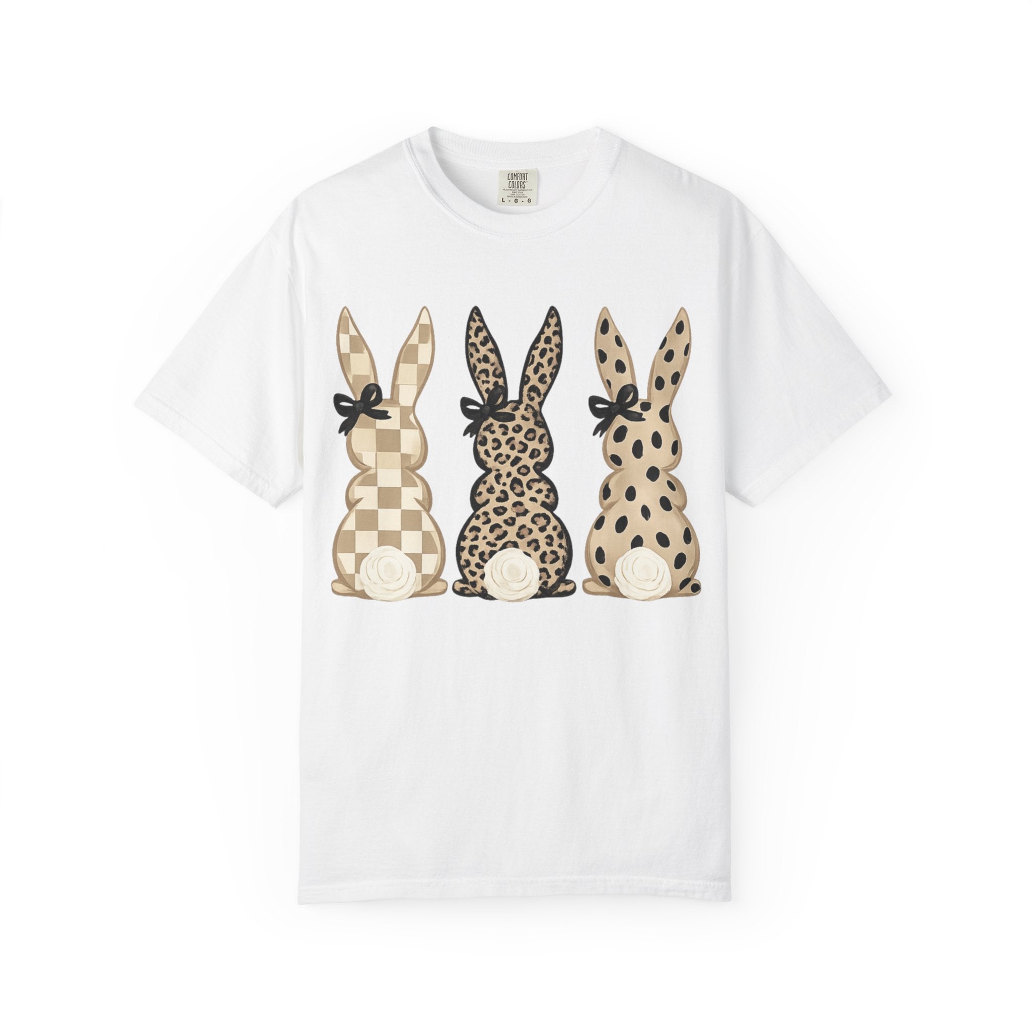 Easter Bunny Trio T-Shirt — Neutral Plaid, Leopard & Polka Dot Bunnies