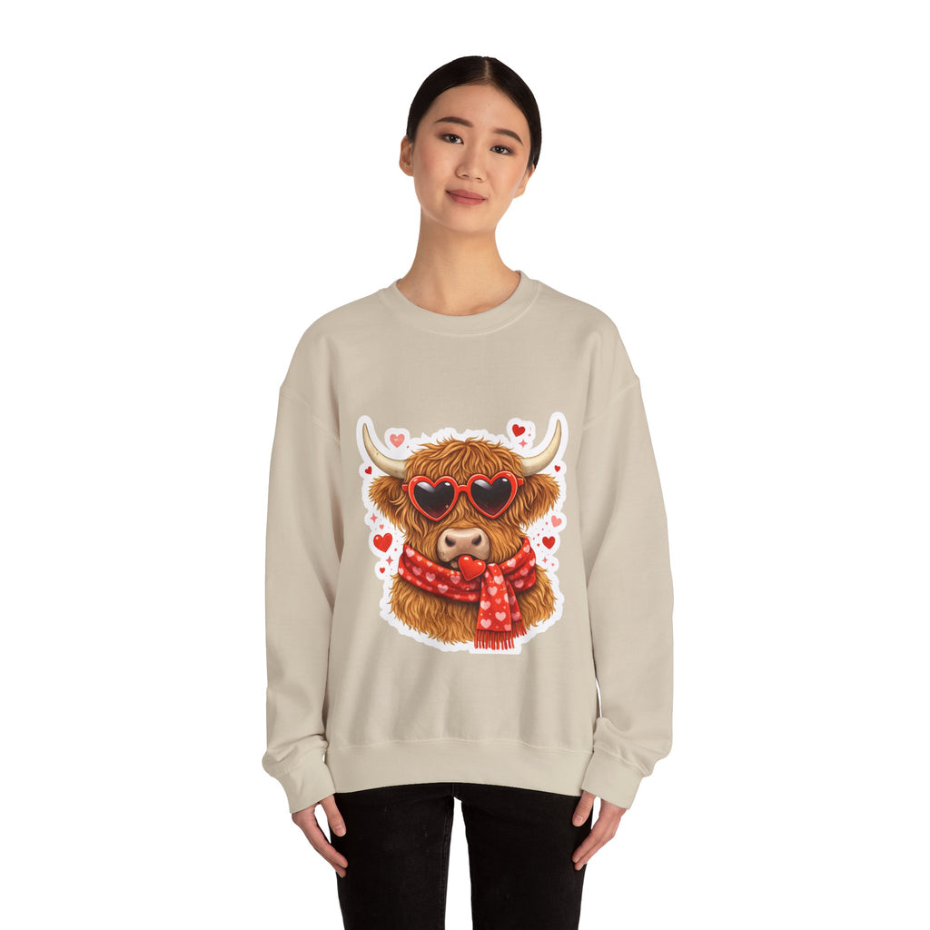 Valentine Highland Cow Sweatshirt – Cute Heart Sunglasses & Scarf Crewneck