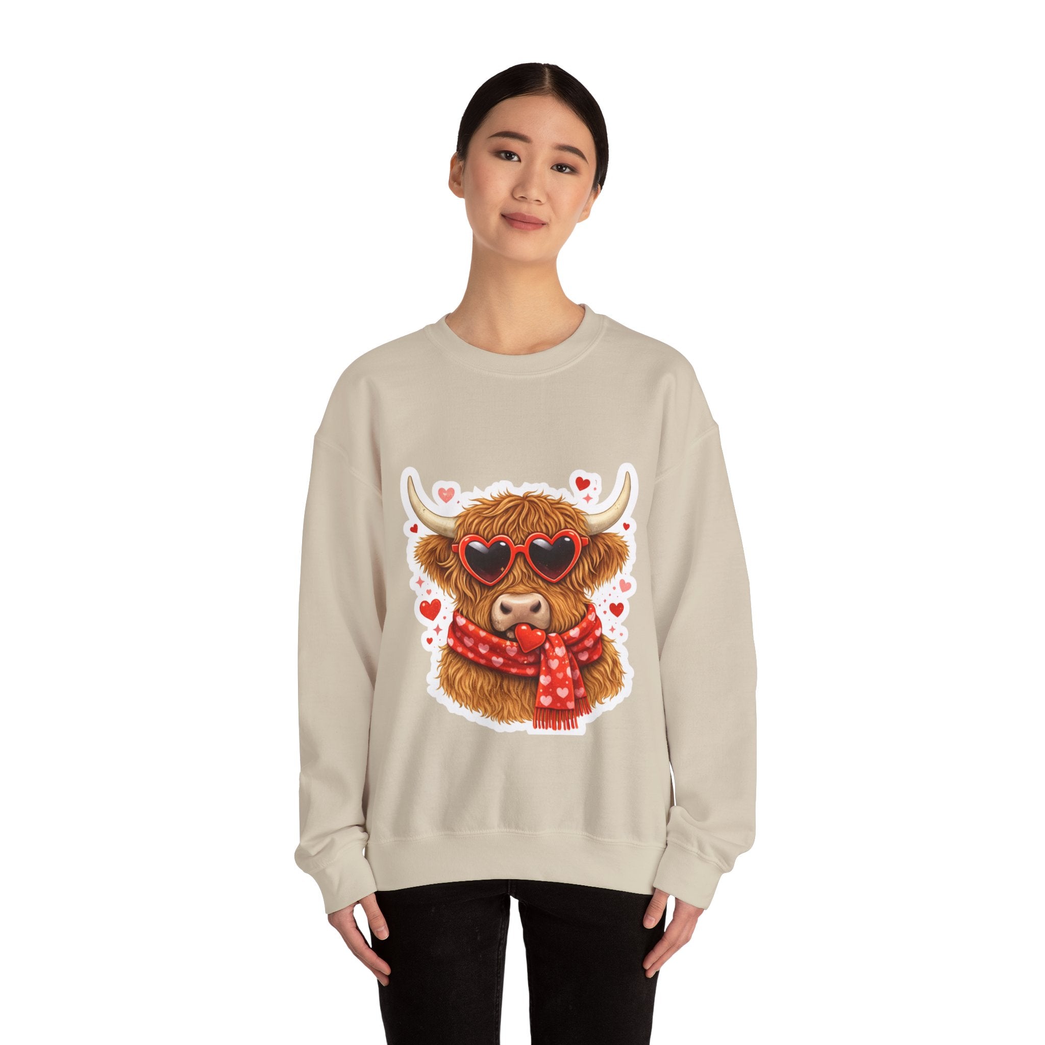 Valentine Highland Cow Sweatshirt – Cute Heart Sunglasses & Scarf Crewneck
