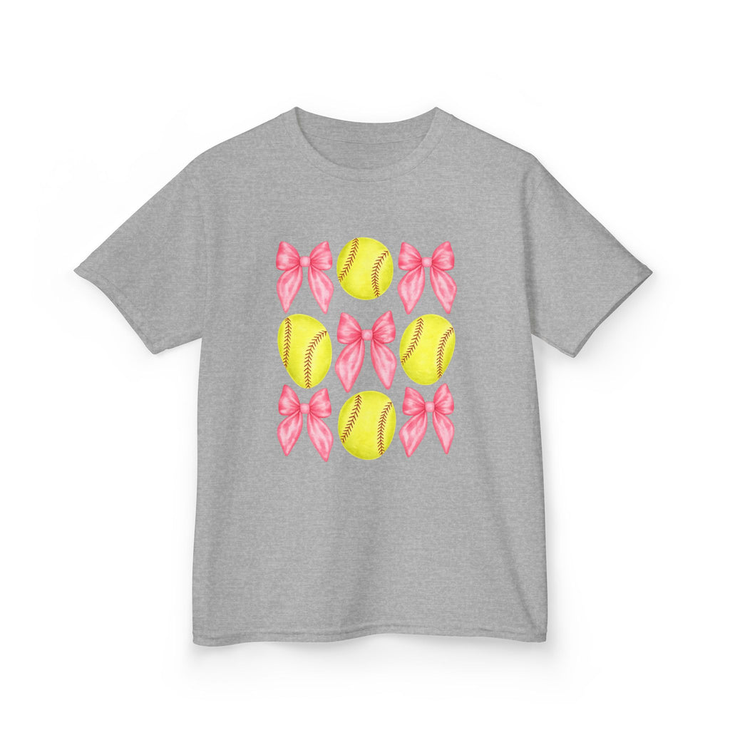 Girls Softball & Bows Kids Tee — Pink Bow Softball Pattern Shirt