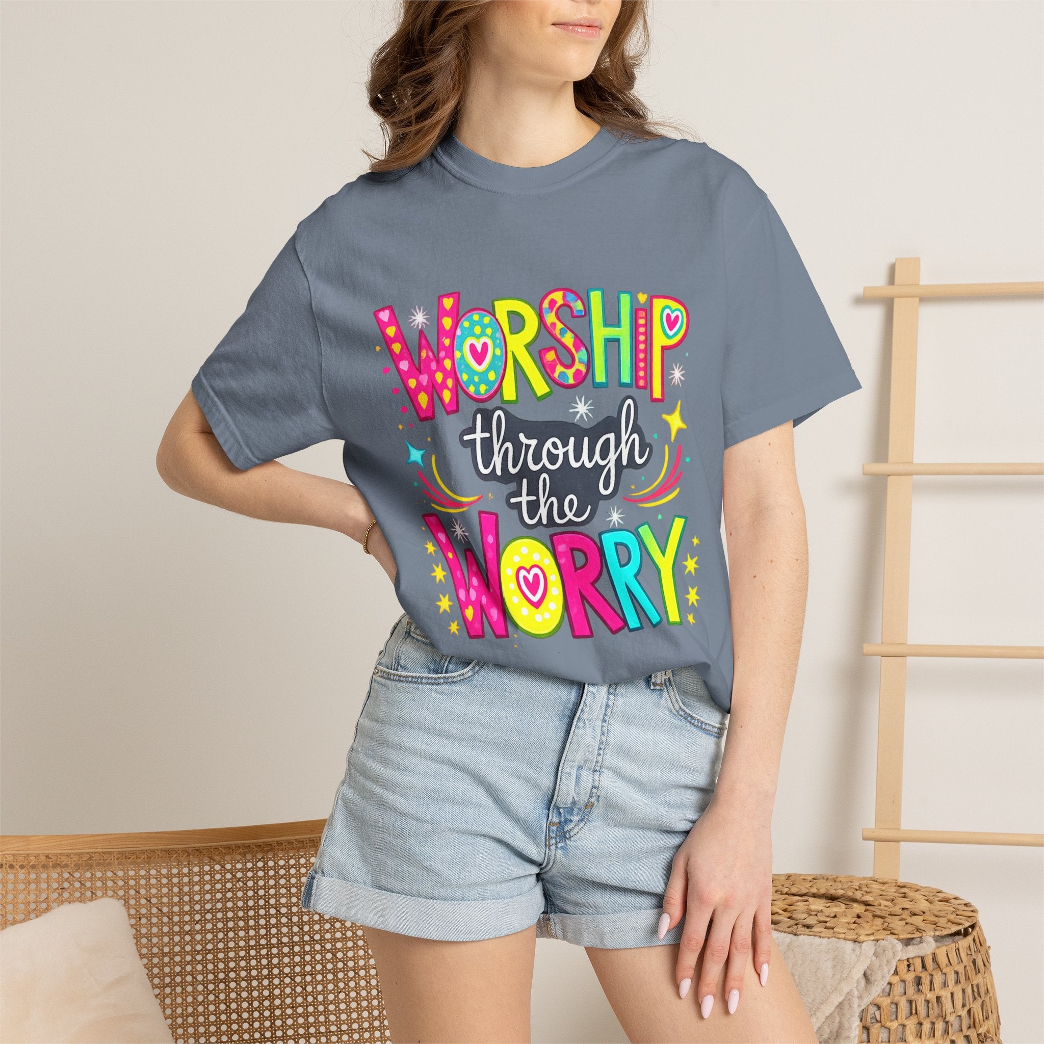 Worship Through the Worry T-Shirt — Colorful Christian Faith Tee