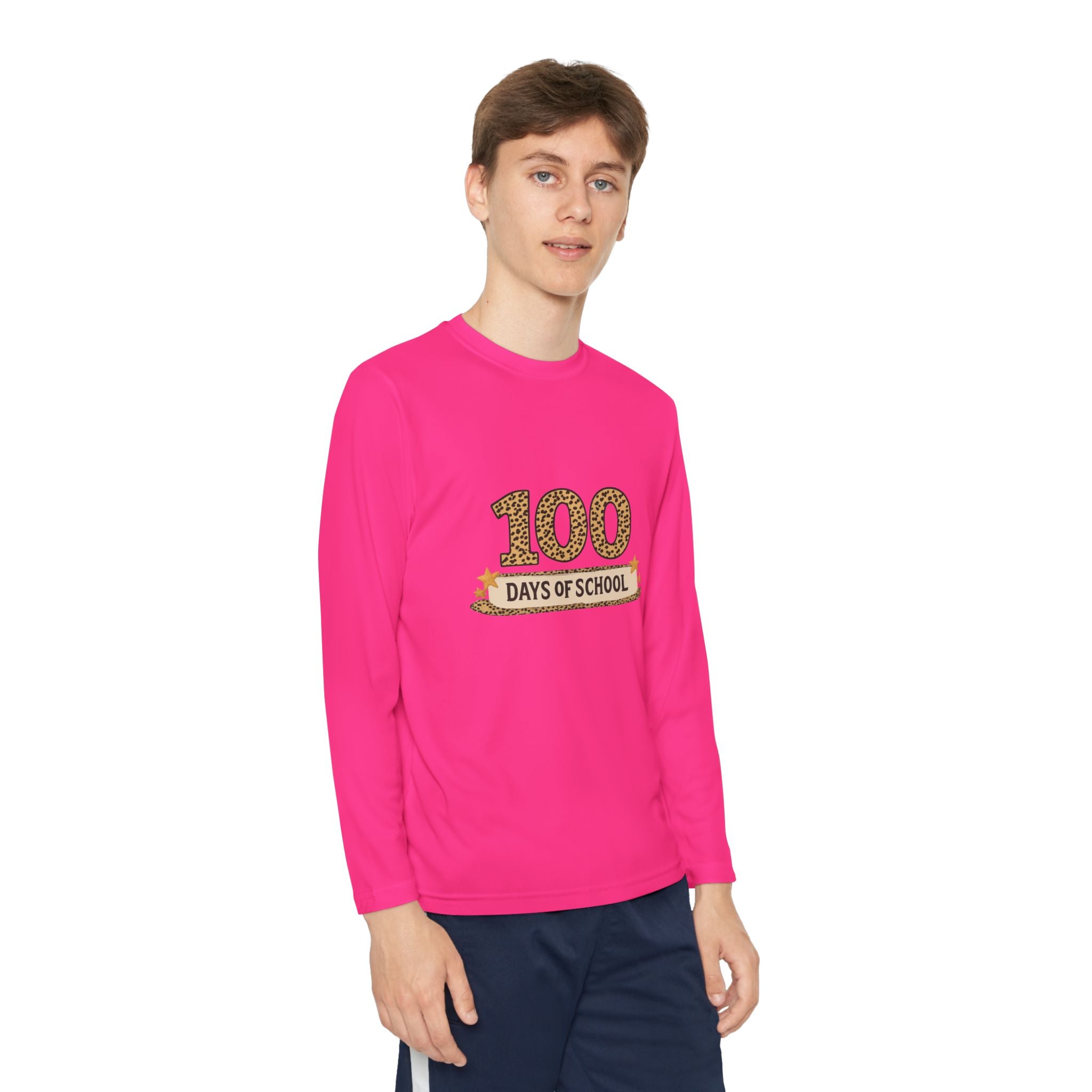 100 Days of School Youth Long Sleeve Tee — Leopard Print Celebration Shirt