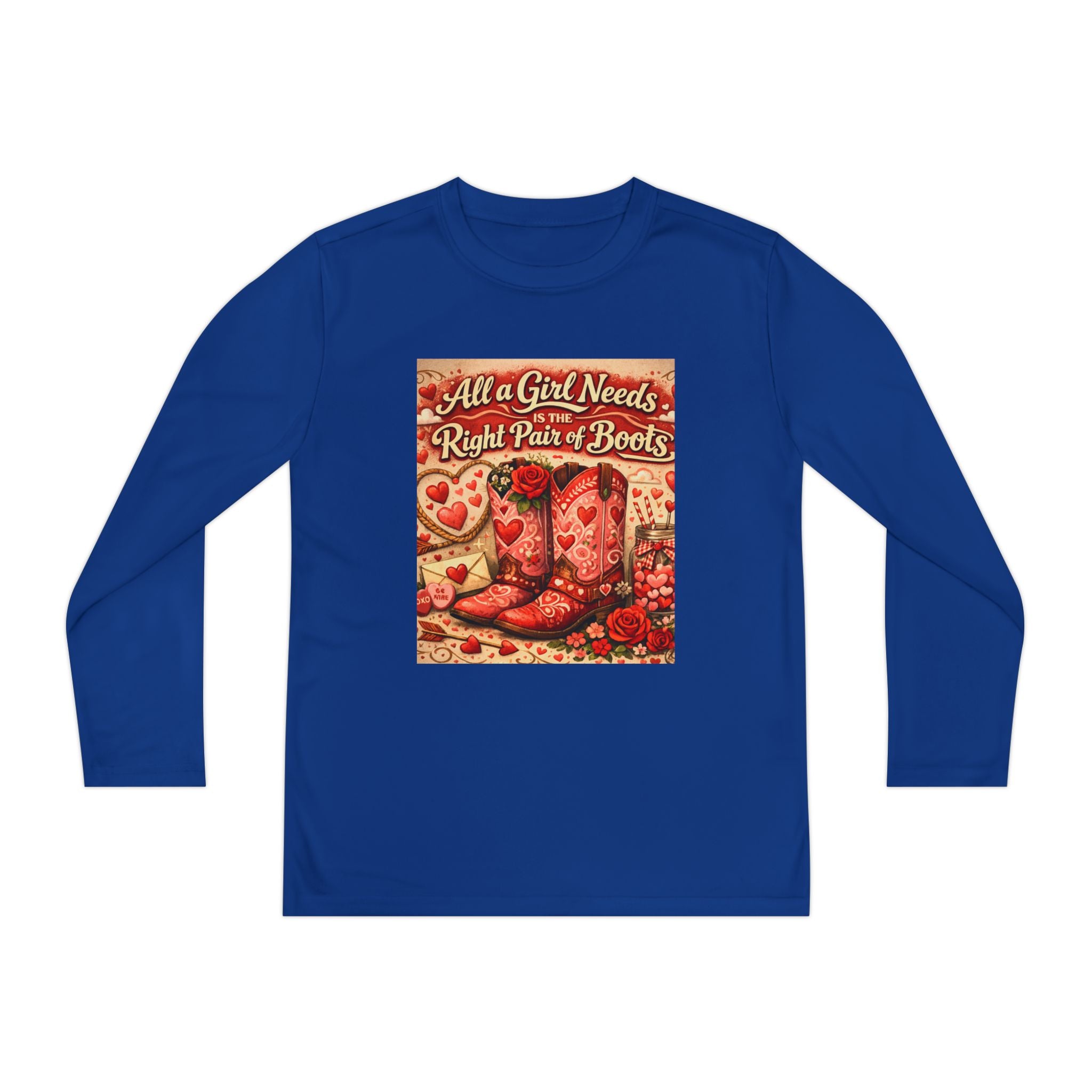 Youth Long Sleeve Tee — "All a Girl Needs is the Right Pair of Boots" Western Graphic
