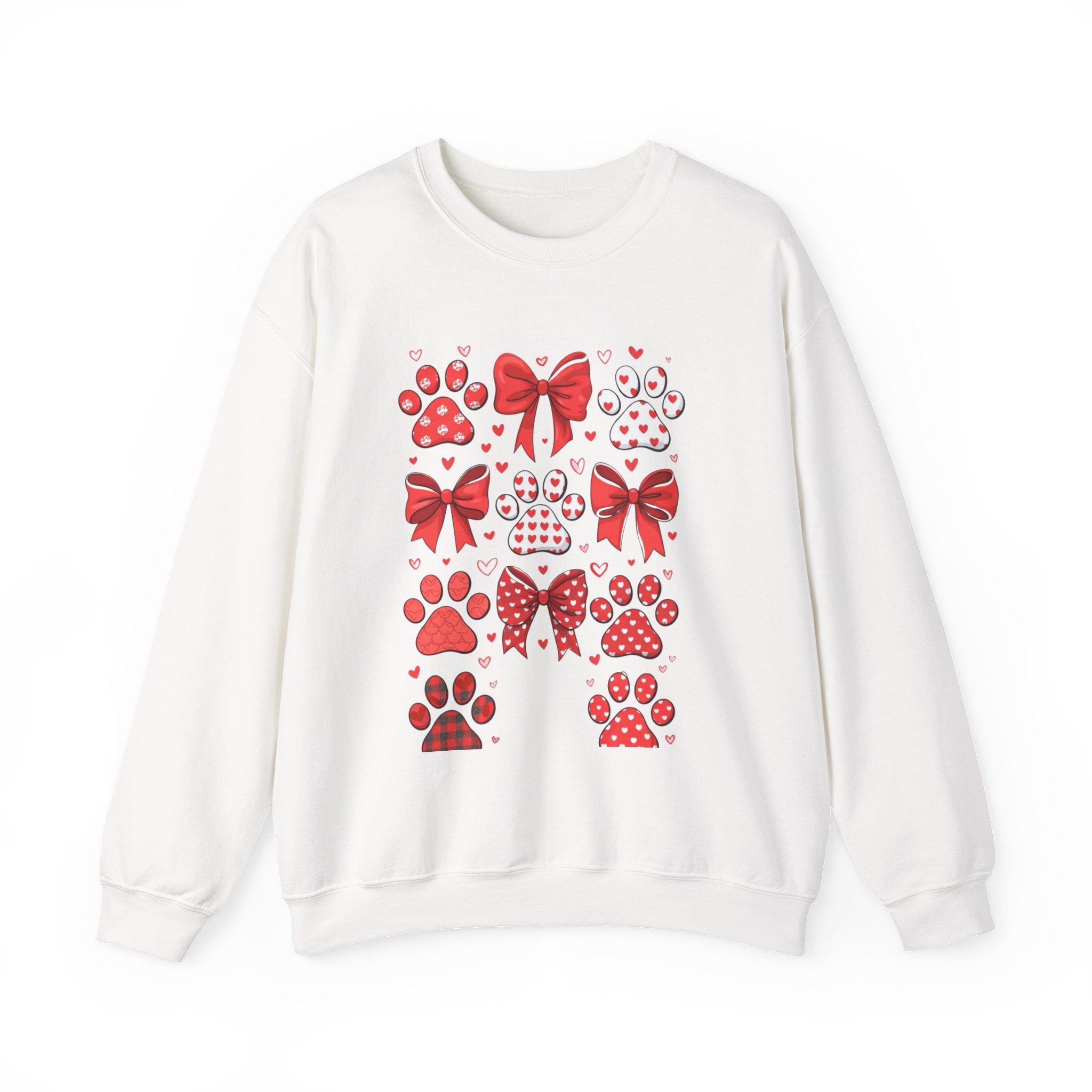 Valentine Paw Print Crewneck Sweatshirt — Red Bows & Hearts Pet Lover Pullover