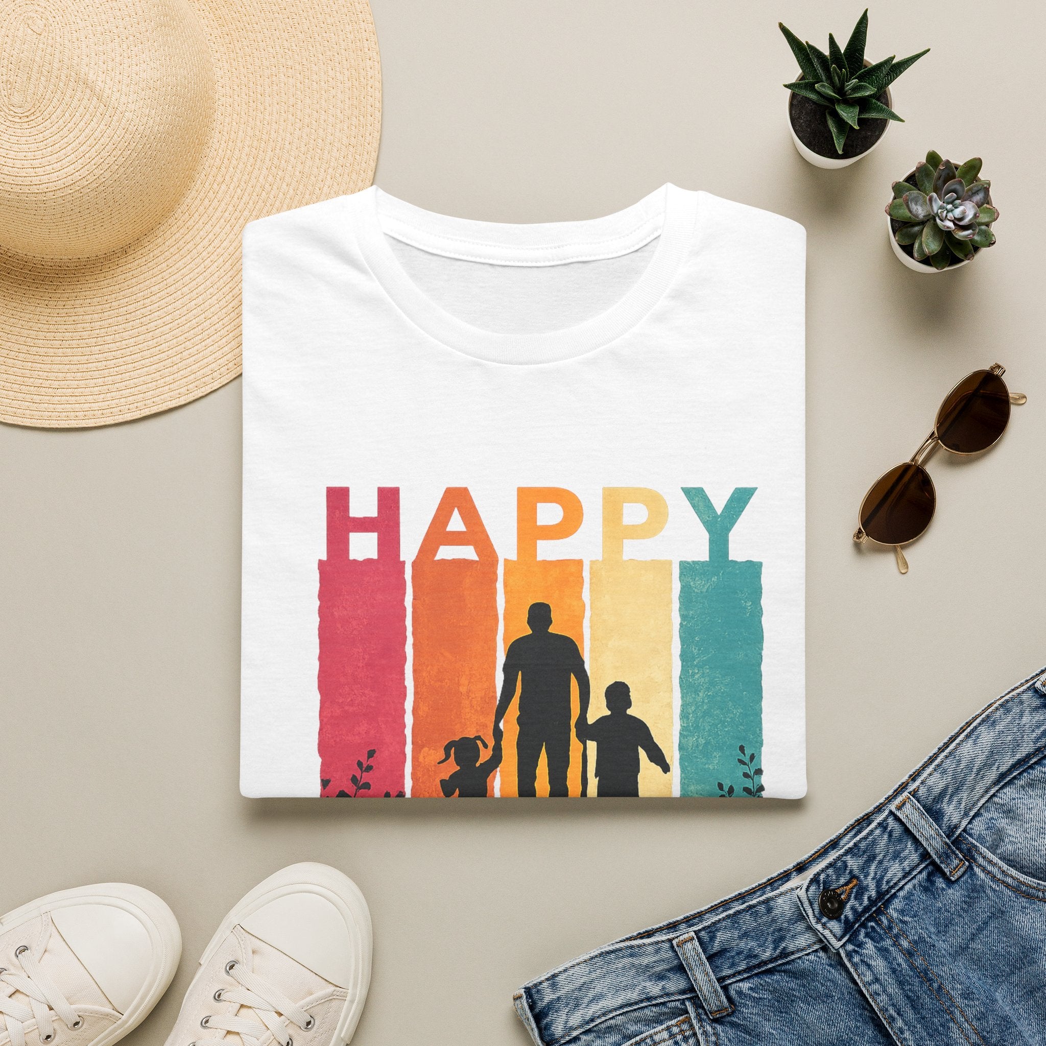 Happy Father's Day T-Shirt — Silhouette Dad with Kids Retro Stripes