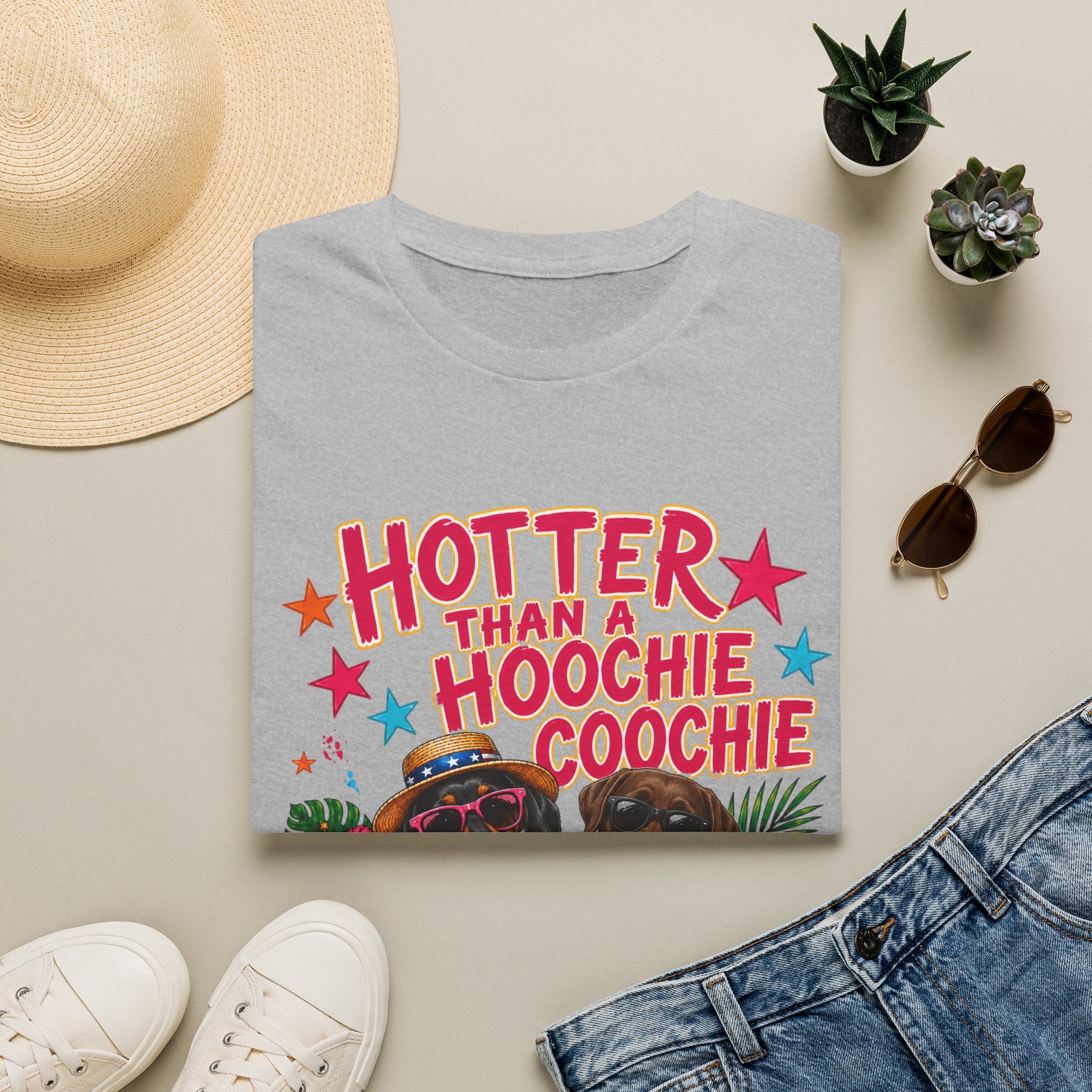 Hotter Than a Hoochie Coochie T-Shirt — Funny Summer Graphic Tee with Dogs