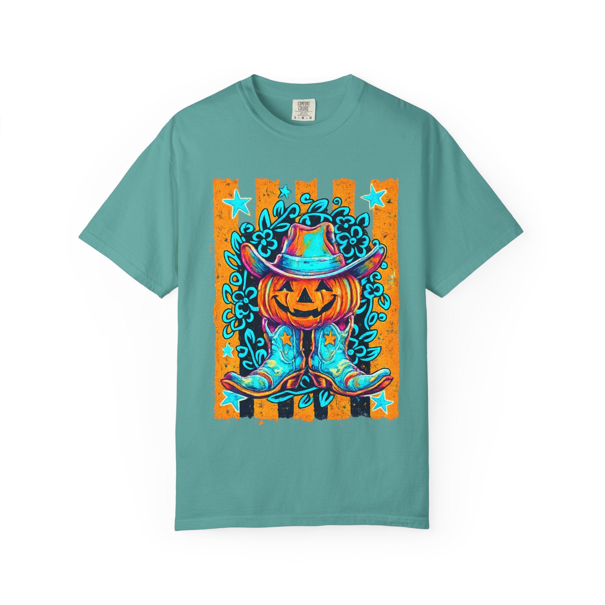 Halloween Pumpkin Cowboy T-Shirt — Neon Country Jack-O'-Lantern Graphic Tee