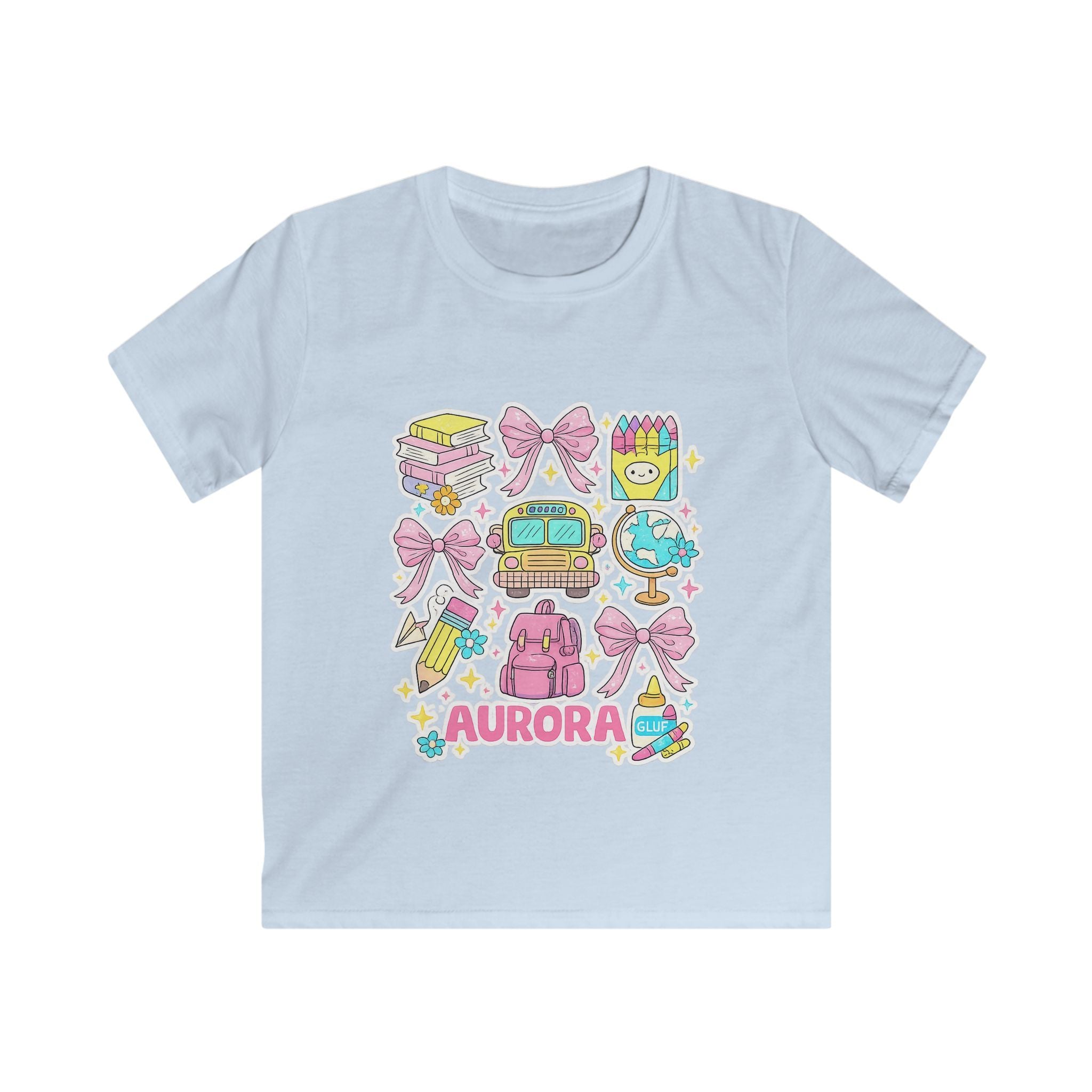 Kids Tee — Cute Pastel School Icons Design with Name "Aurora"
