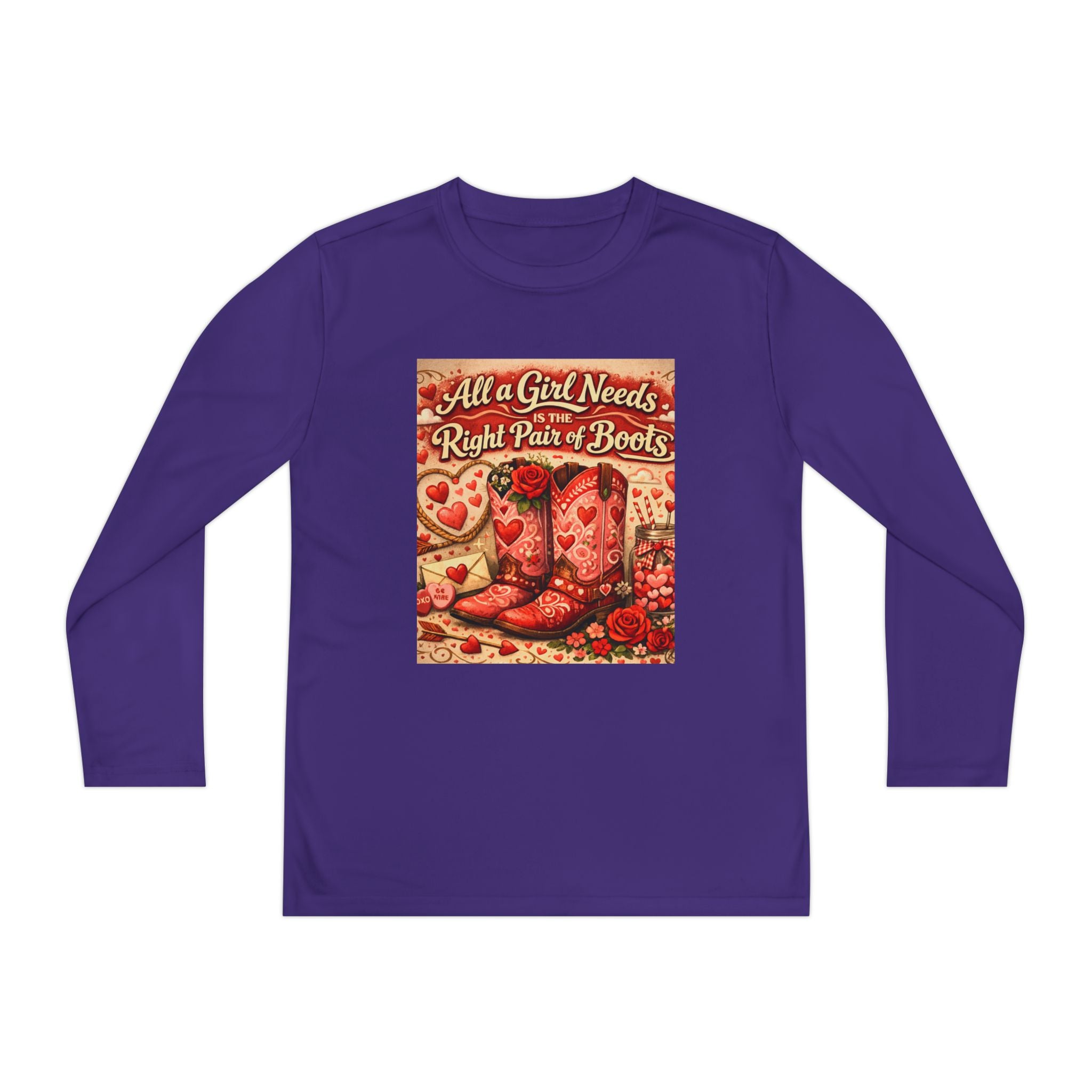 Youth Long Sleeve Tee — "All a Girl Needs is the Right Pair of Boots" Western Graphic