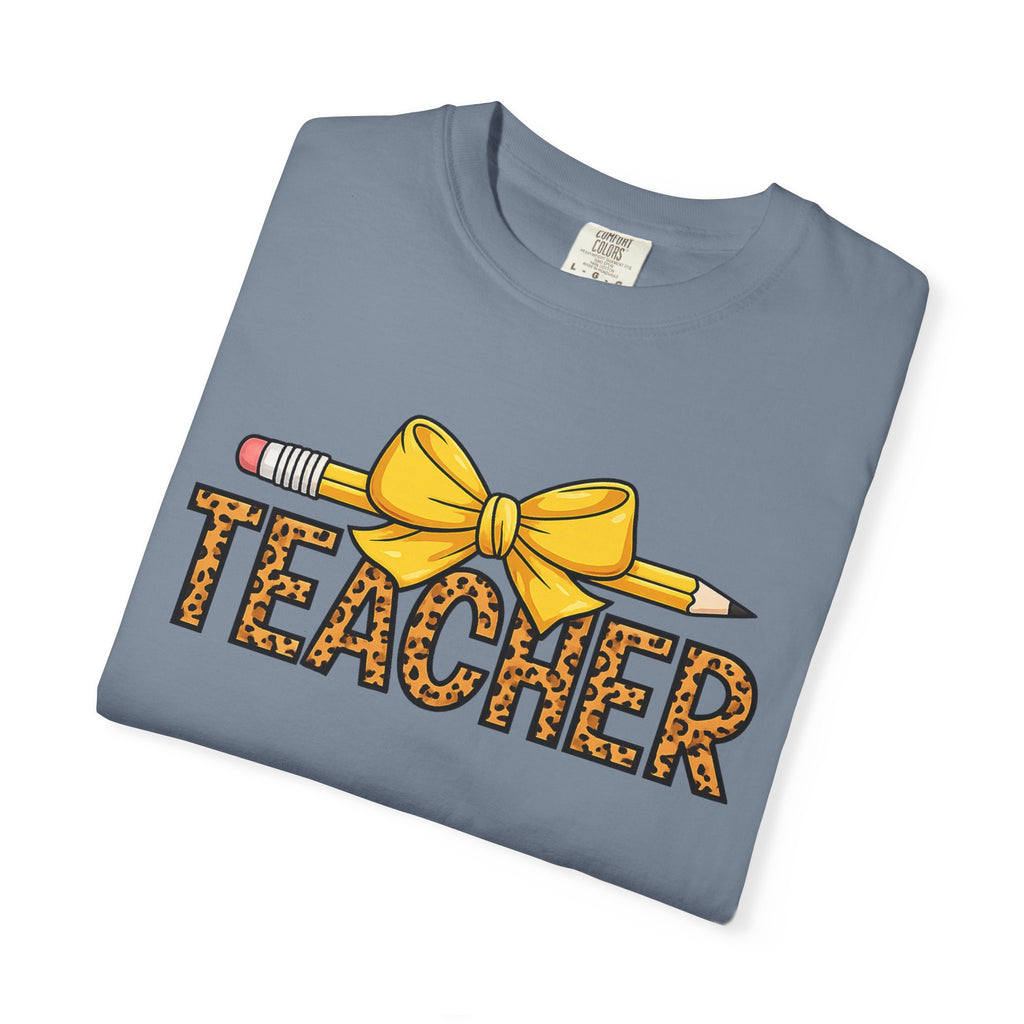 Teacher Leopard Print Pencil Bow T-Shirt — Cute Back-to-School Gift for Educators
