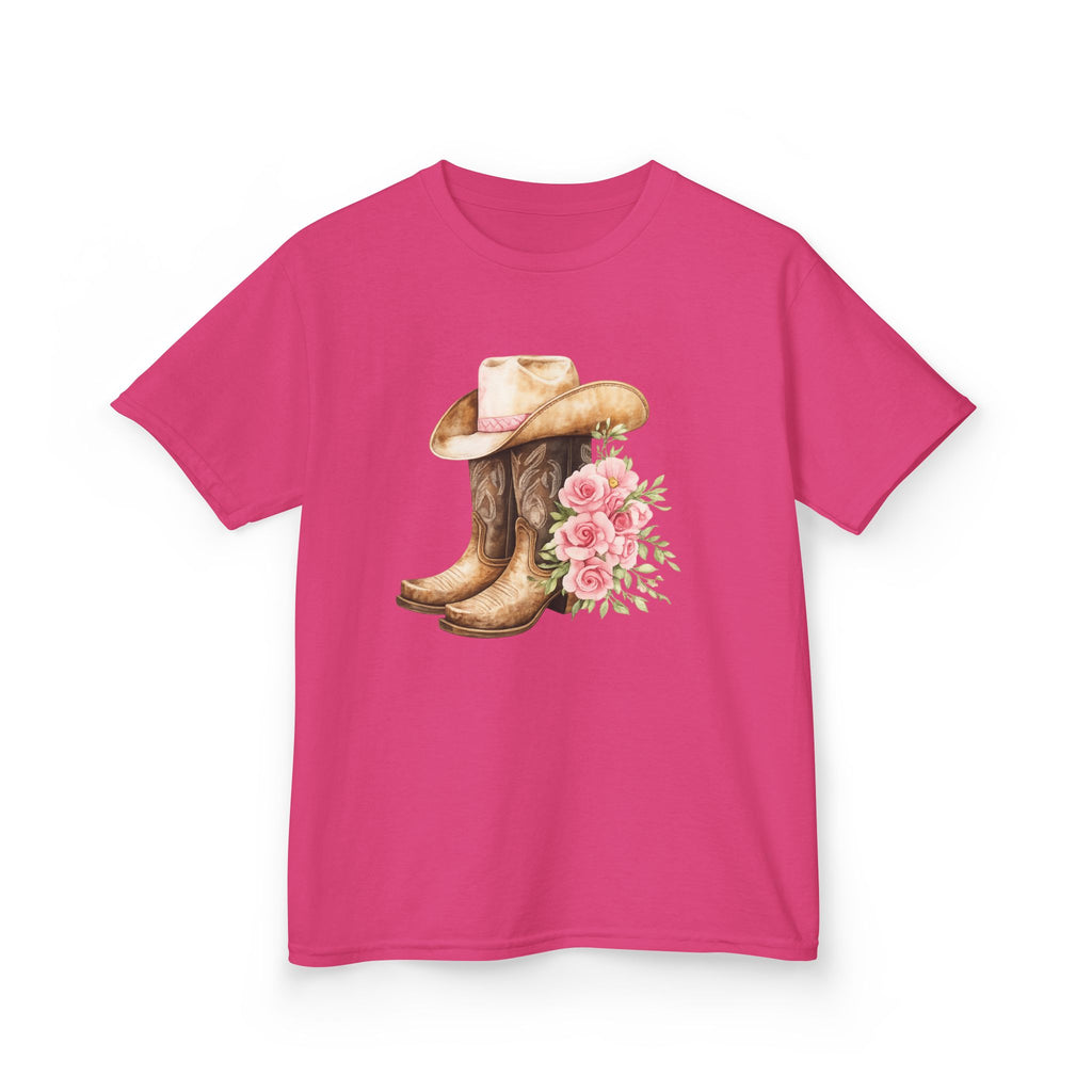 Kids Western Tee — Cowboy Hat & Boots with Pink Floral Design