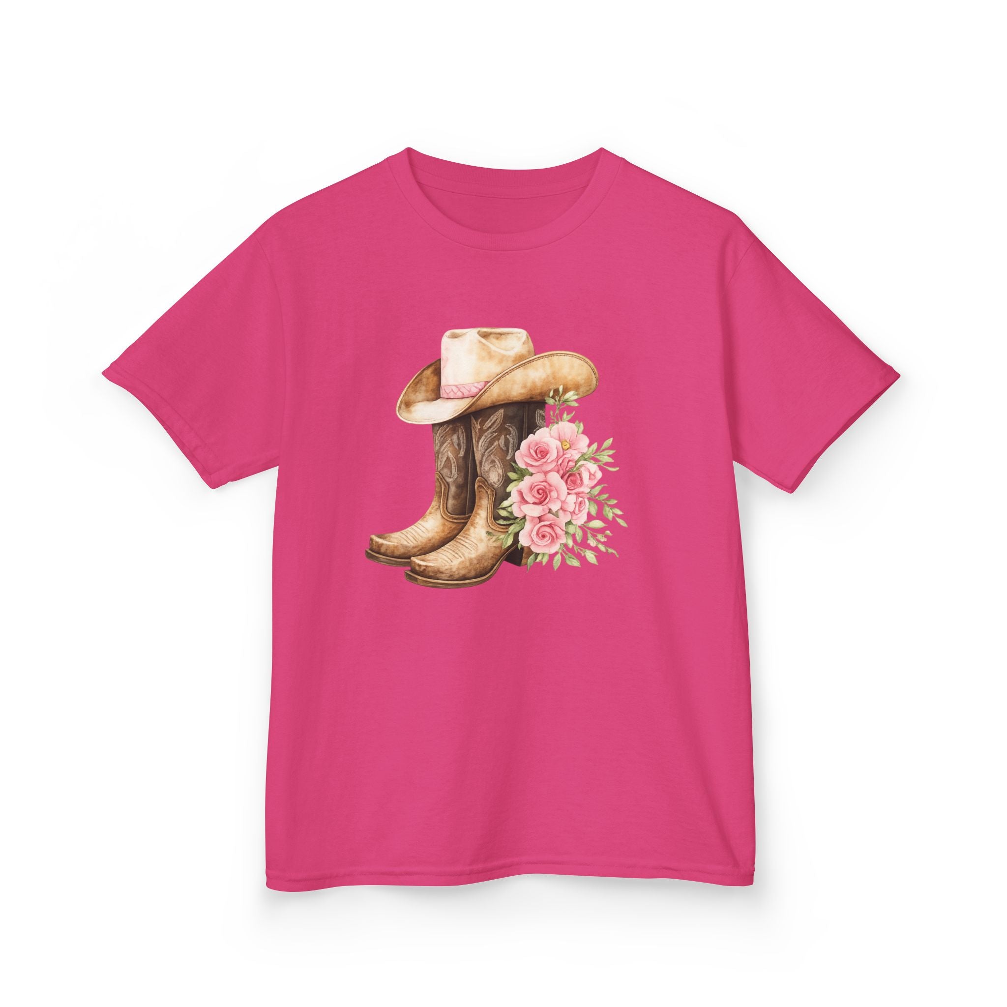 Kids Western Tee — Cowboy Hat & Boots with Pink Floral Design