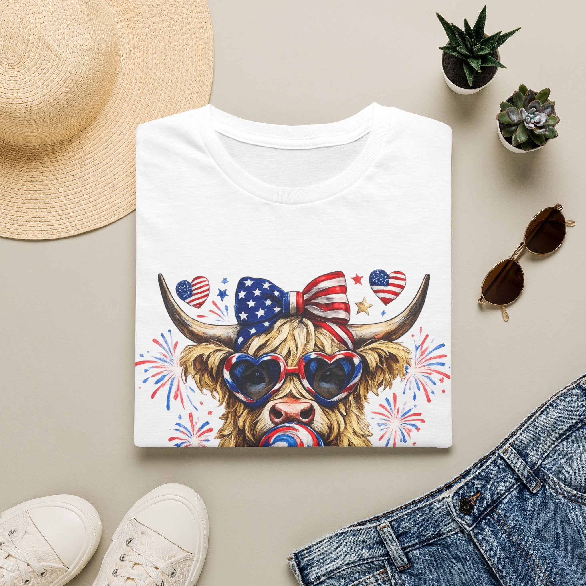 Patriotic Highland Cow T-Shirt — 4th of July American Flag Cow Tee