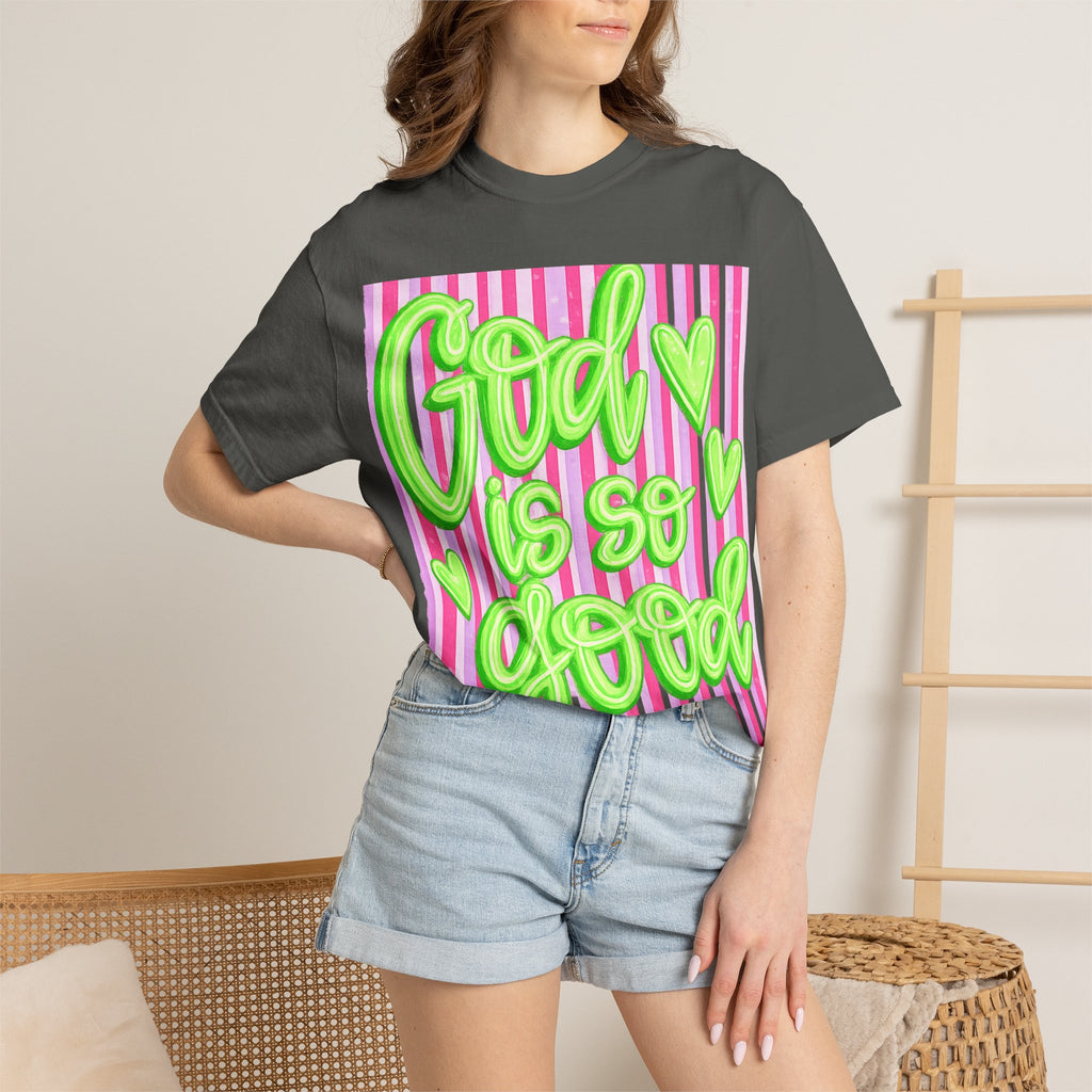 God Is So Good T-Shirt — Neon Green Script on Pink Stripe Christian Tee