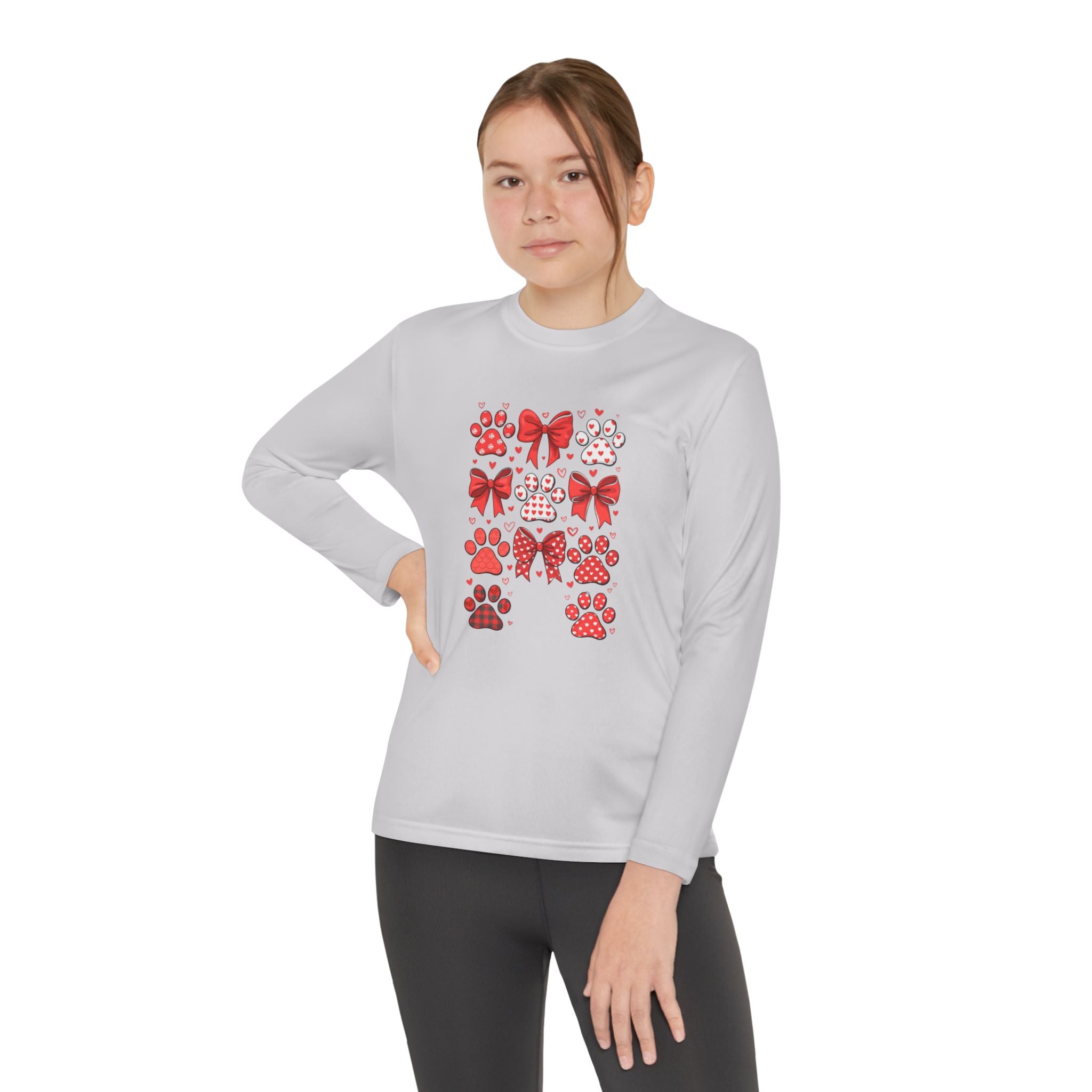 Youth Long Sleeve Tee - Red Paw & Bow Valentine Animal Print