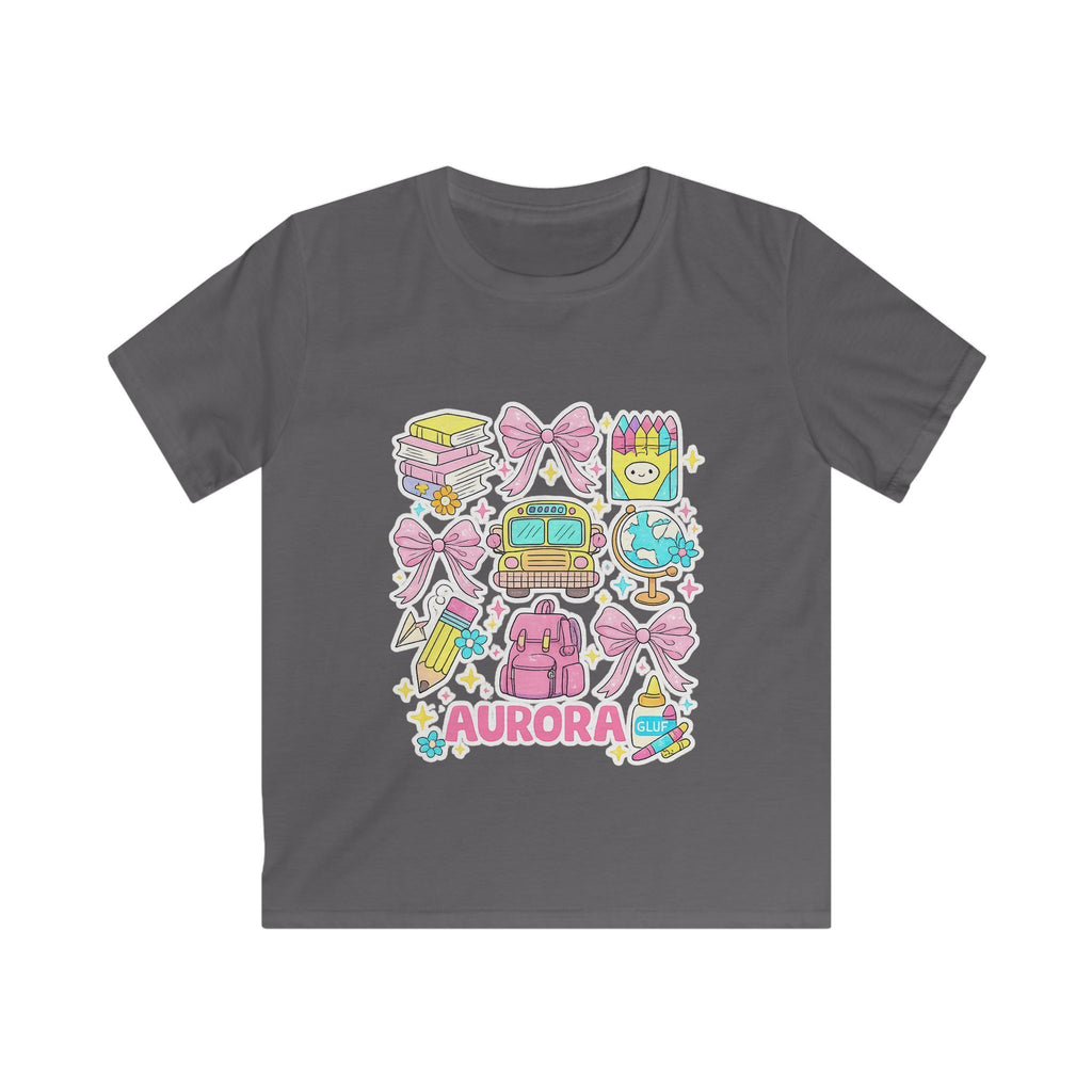 Kids Tee — Cute Pastel School Icons Design with Name "Aurora"
