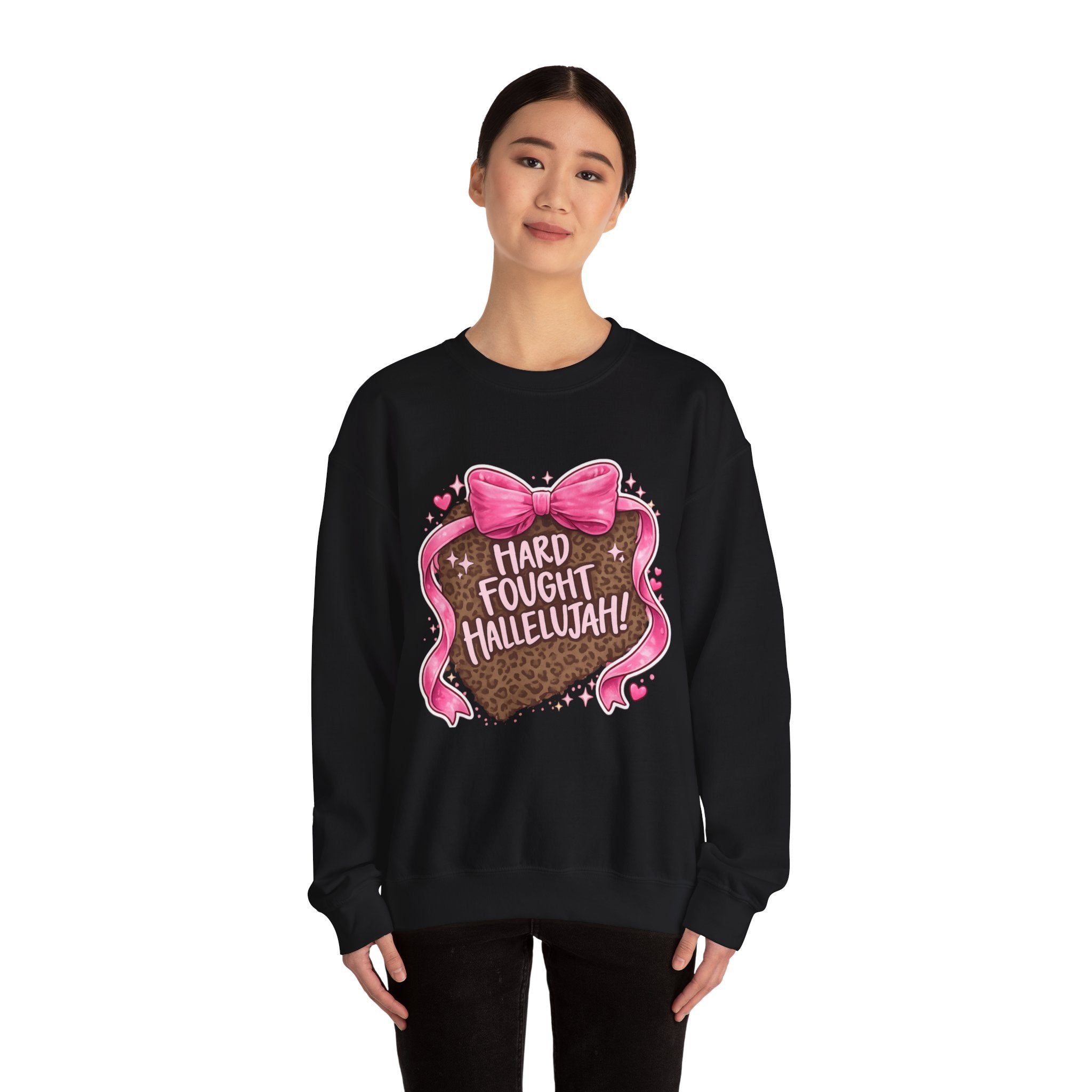Crewneck Sweatshirt — "Hard Fought Hallelujah" Heart Graphic (Pink Bow, Leopard Print)