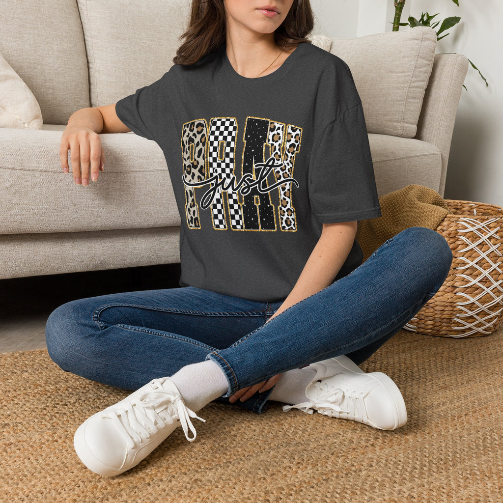 T-Shirt — "Just Day" Leopard & Checker Graphic Tee
