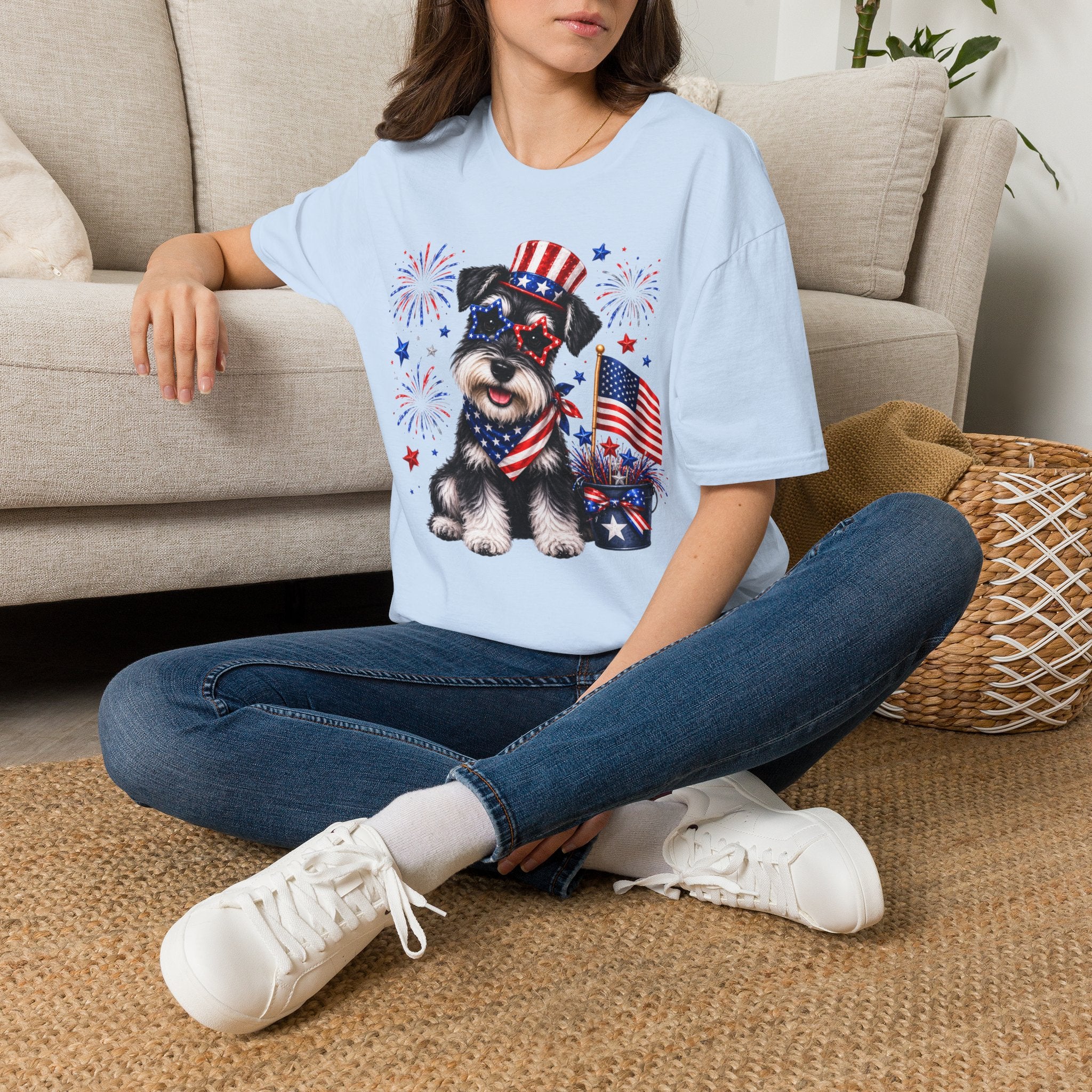Patriotic Pup T‑Shirt — American Flag Dog with Fireworks (Fourth of July)