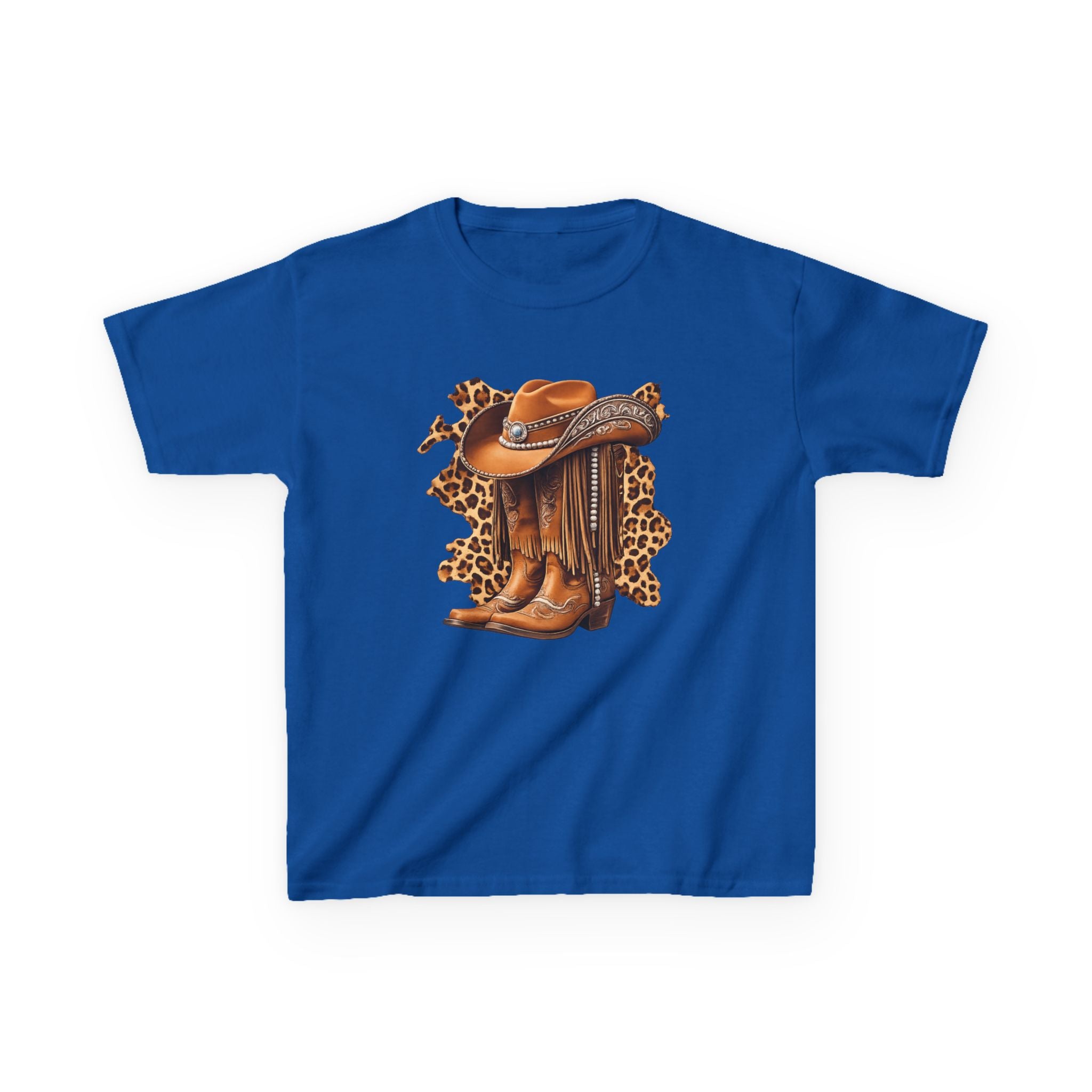 Kids Cowboy Hat & Boots Tee — Leopard Print Western Kids T-Shirt