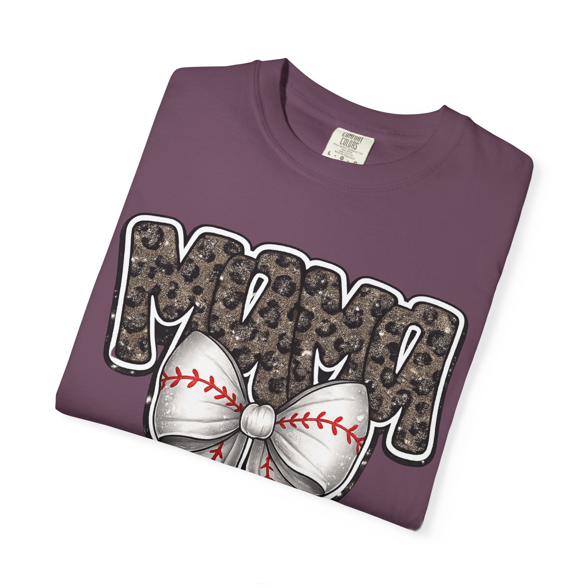 Baseball Mom T-Shirt — Camo Lettering with Baseball Bow