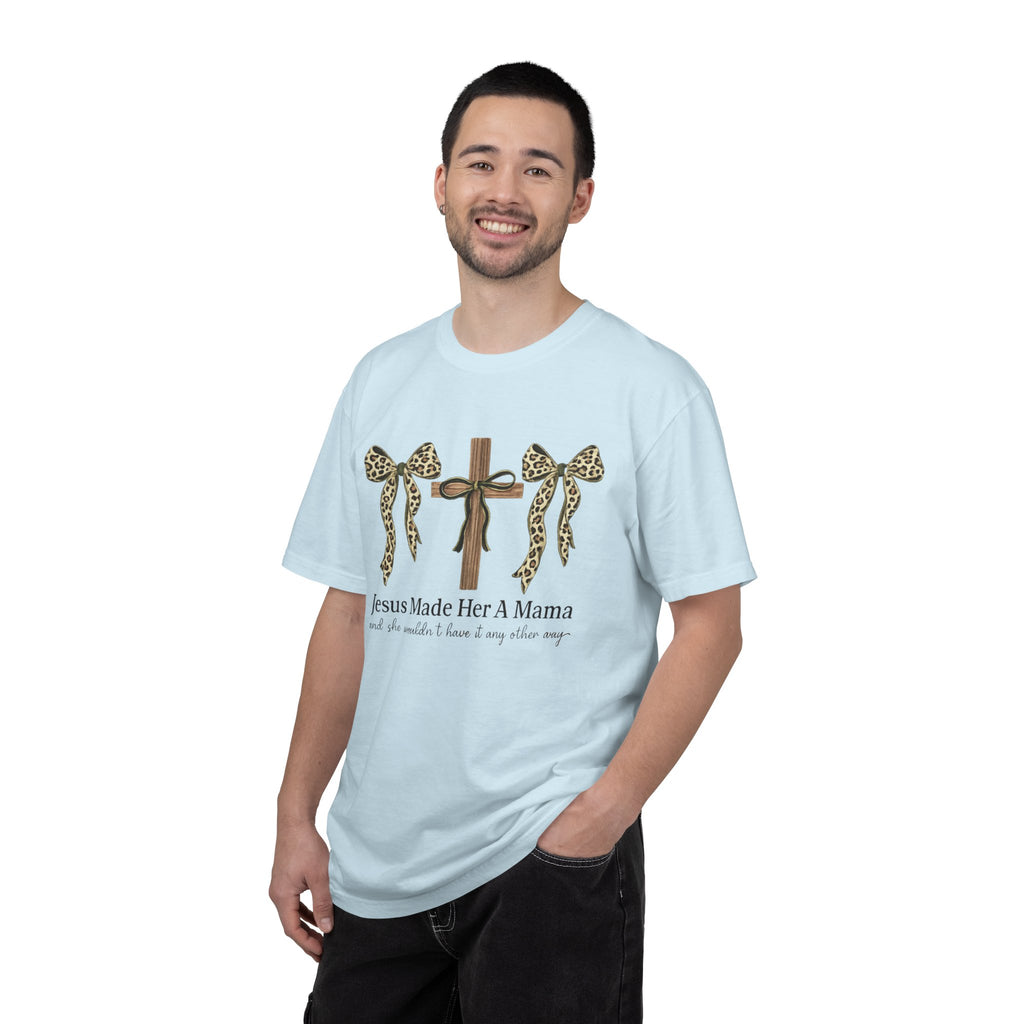 Jesus Made Her a Mama Cross T‑Shirt — Leopard Bow Christian Mother's Day Tee