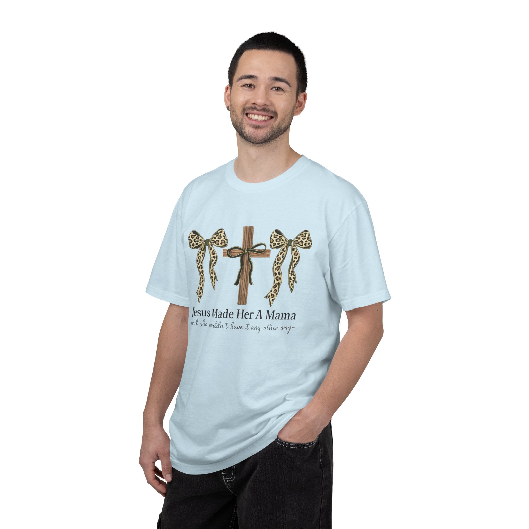 Jesus Made Her a Mama Cross T‑Shirt — Leopard Bow Christian Mother's Day Tee