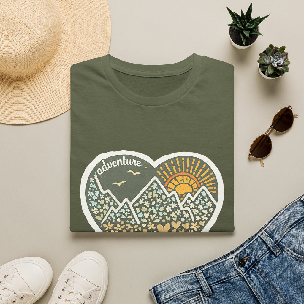 Adventure Heart Mountain T‑Shirt — Sunrise Nature Graphic Tee for Hikers & Outdoor Lovers