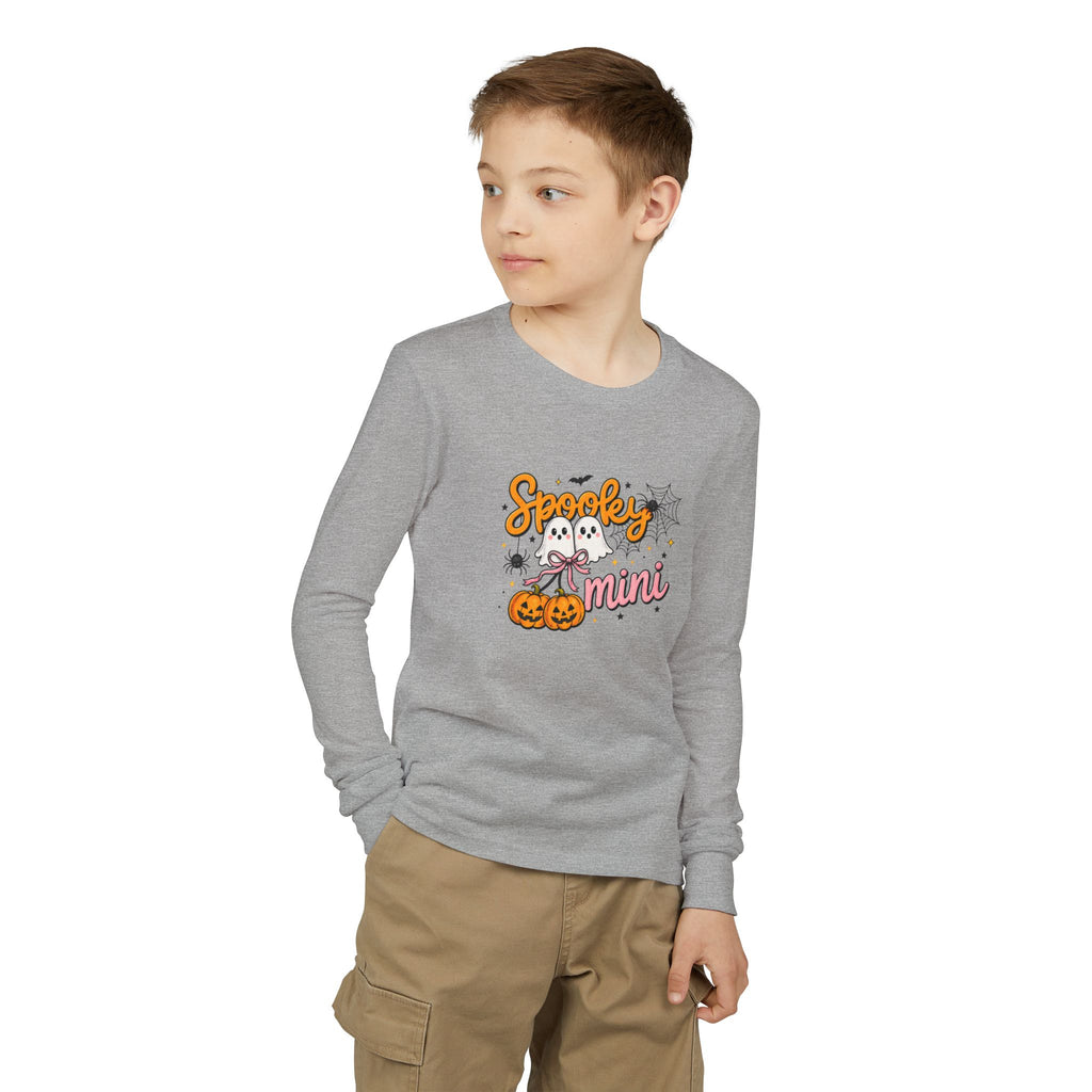 Youth Long Sleeve Tee — "Spooky Mini" Halloween Ghost & Pumpkin Kids Shirt