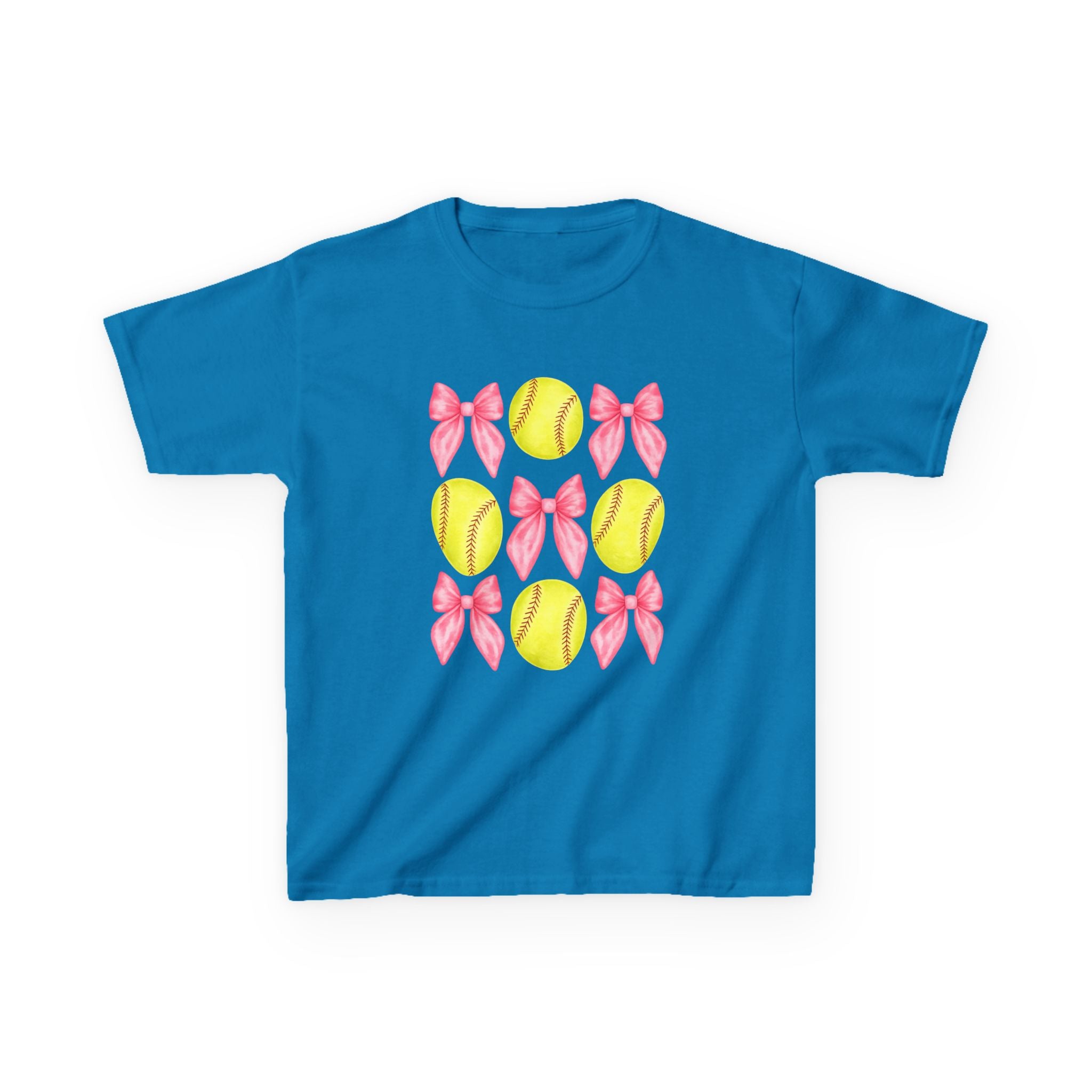 Girls Softball & Bows Kids Tee — Pink Bow Softball Pattern Shirt