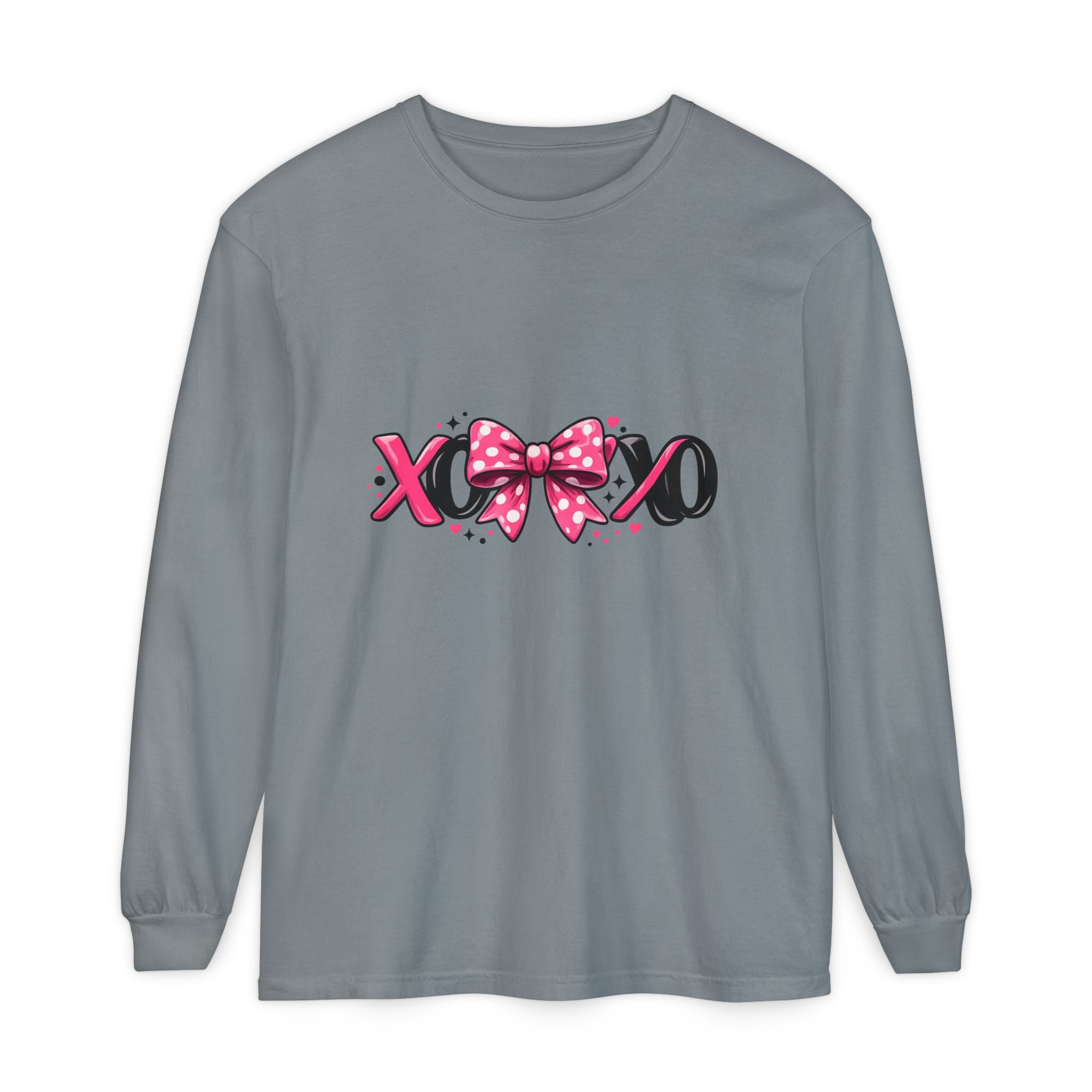 Hugs & Kisses (XOXO) Long Sleeve Tee — Pink Bow Valentine Shirt