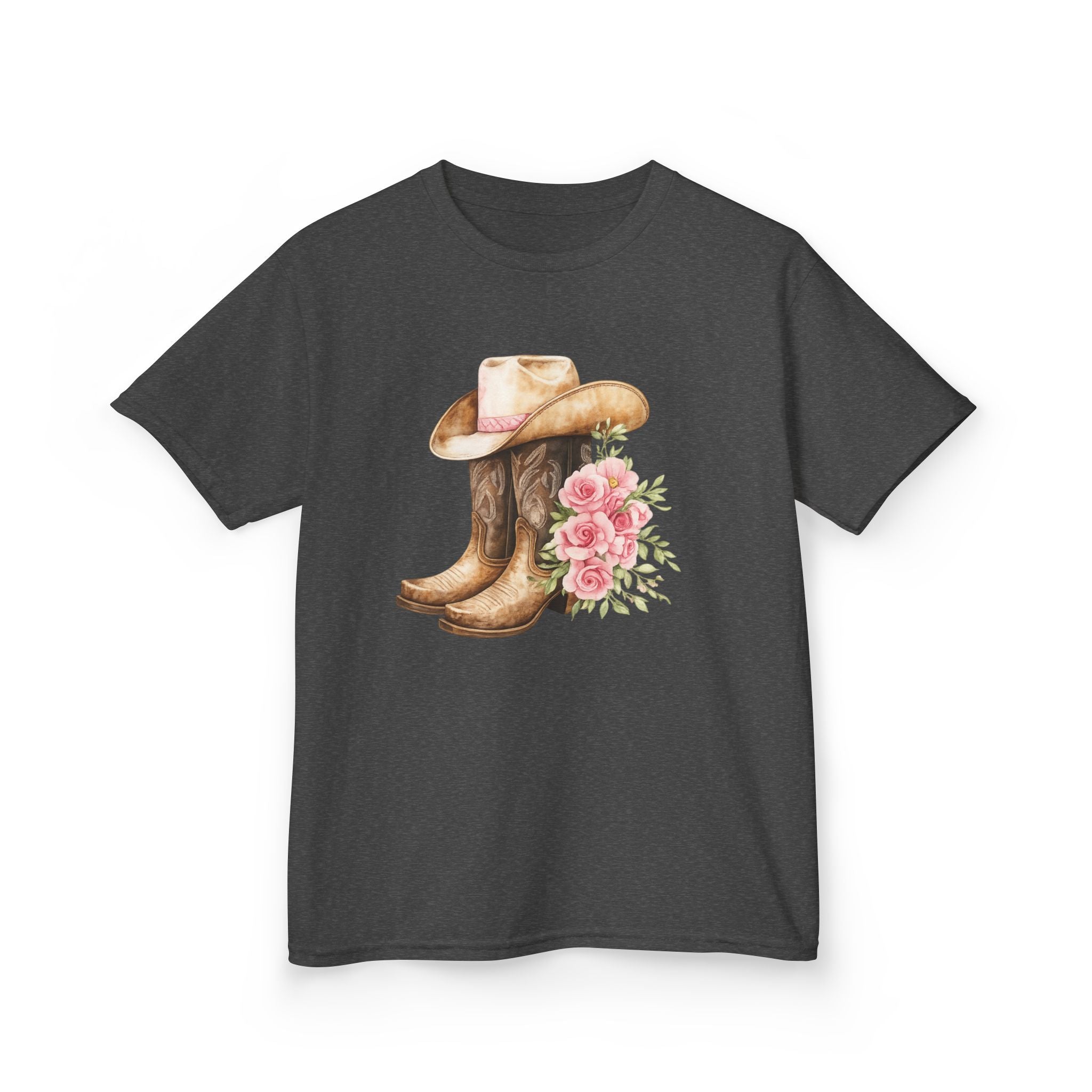 Kids Western Tee — Cowboy Hat & Boots with Pink Floral Design