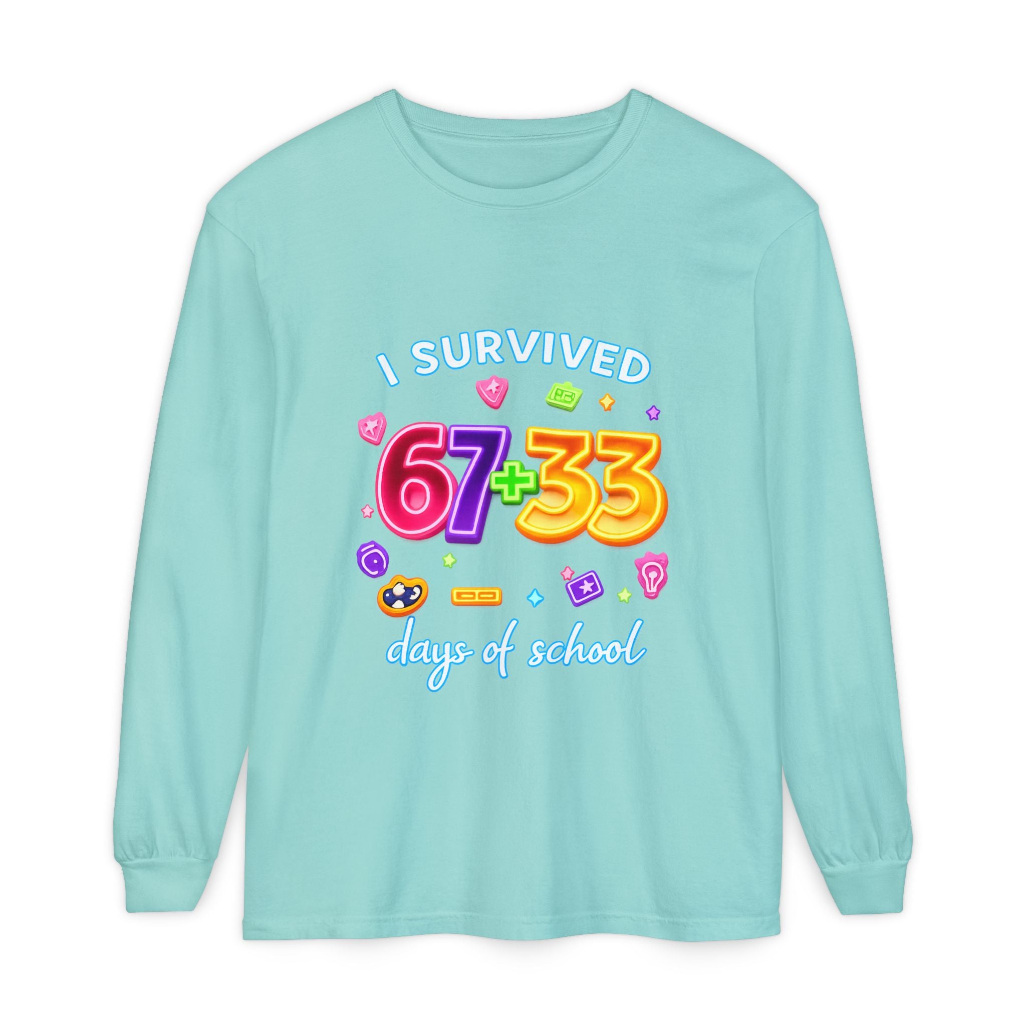 Long Sleeve T‑Shirt "I Survived 67+33 Days of School" — Cute Colorful End‑of‑School Celebration Tee