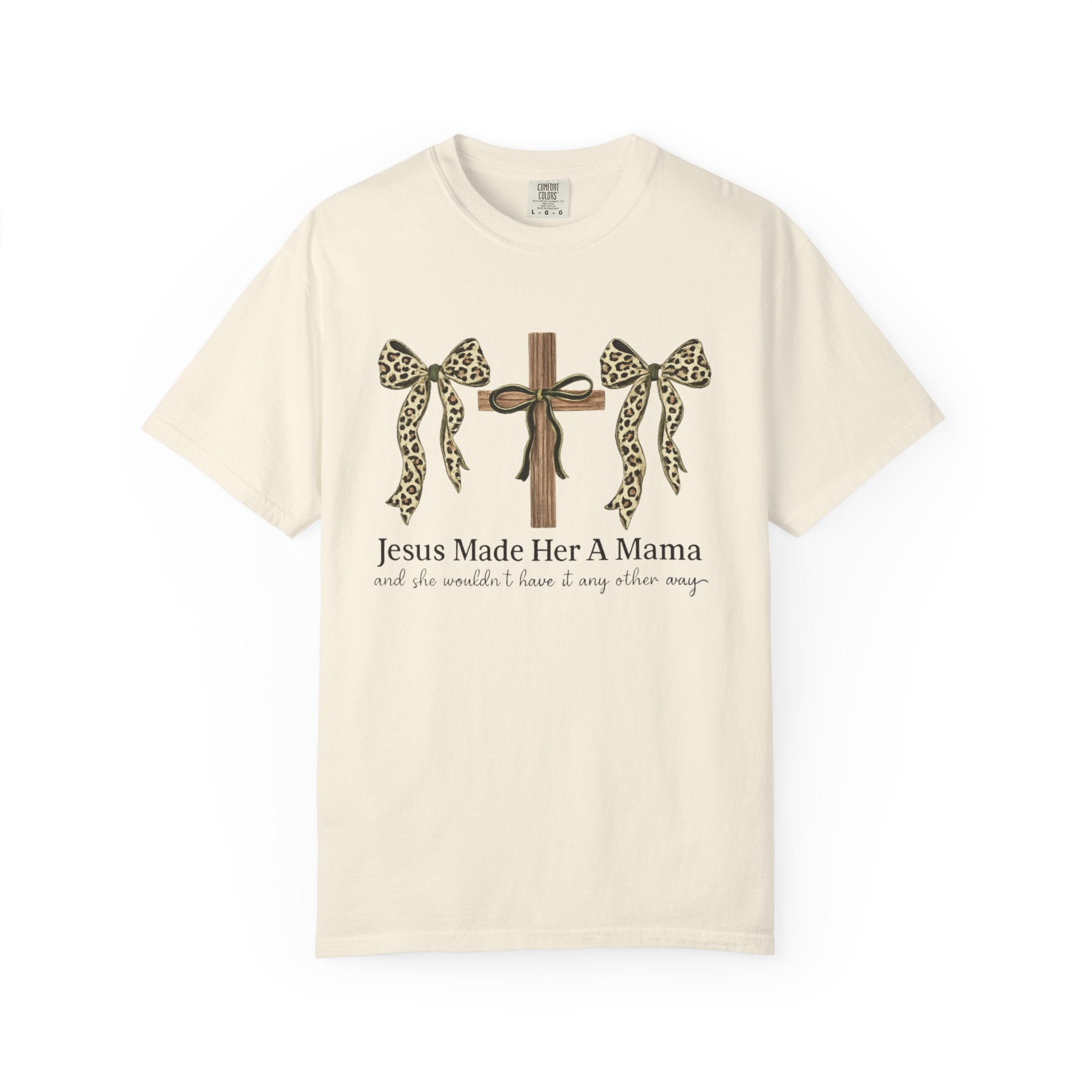 Jesus Made Her a Mama Cross T‑Shirt — Leopard Bow Christian Mother's Day Tee