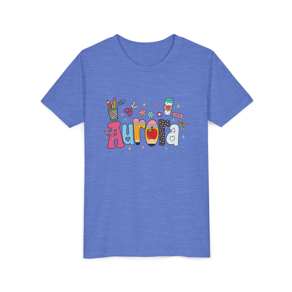 Aurora Kids' Name Tee — Colorful School Supplies Graphic Youth T-Shirt