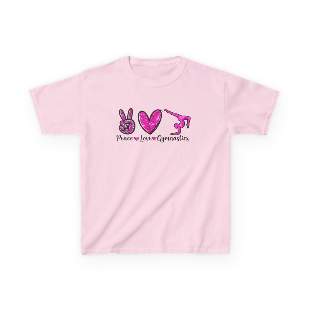 Kids Tee — "Peace Love Gymnastics" Pink Glitter Graphic