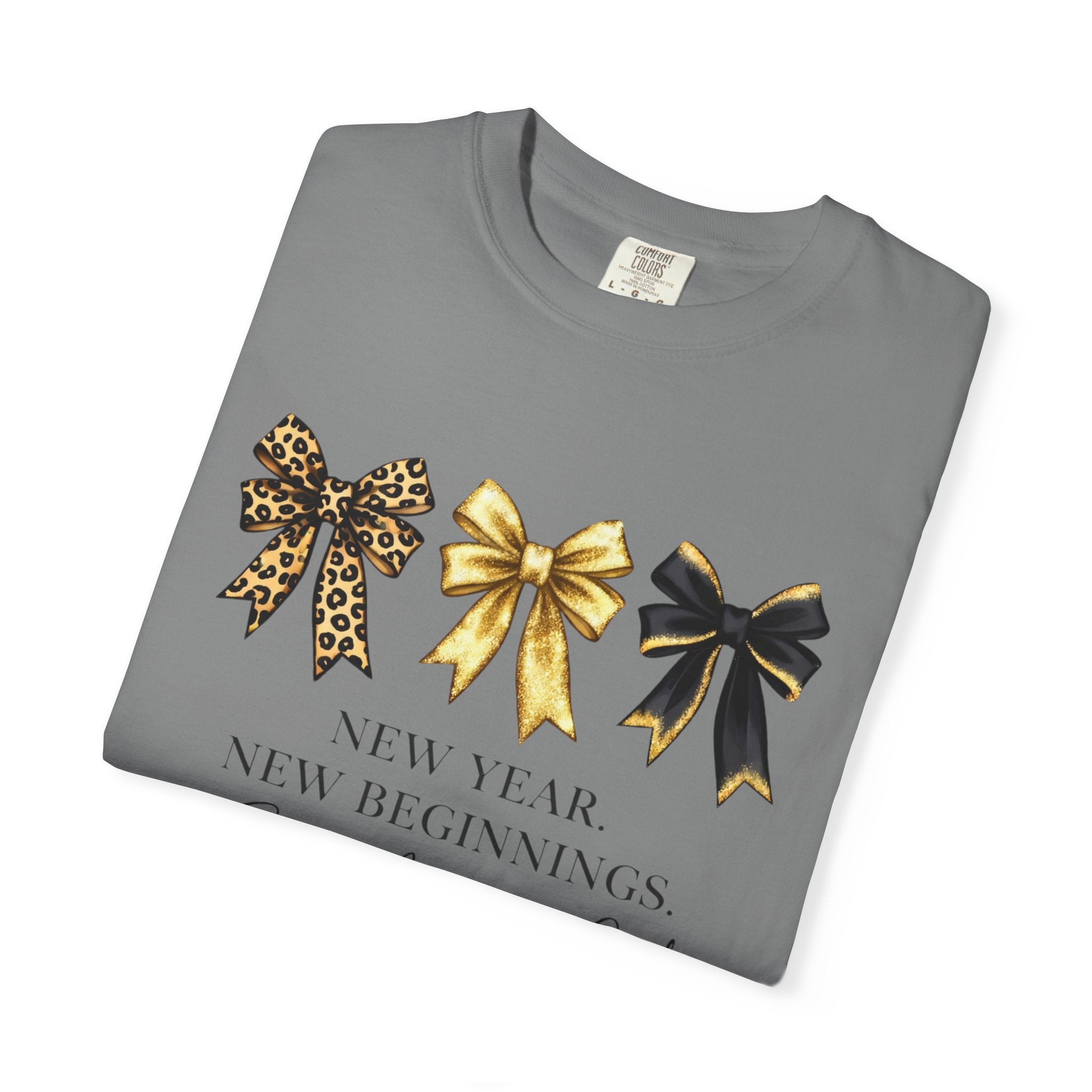 T-Shirt — "New Year, New Beginnings" Gold & Black Bow Graphic Tee