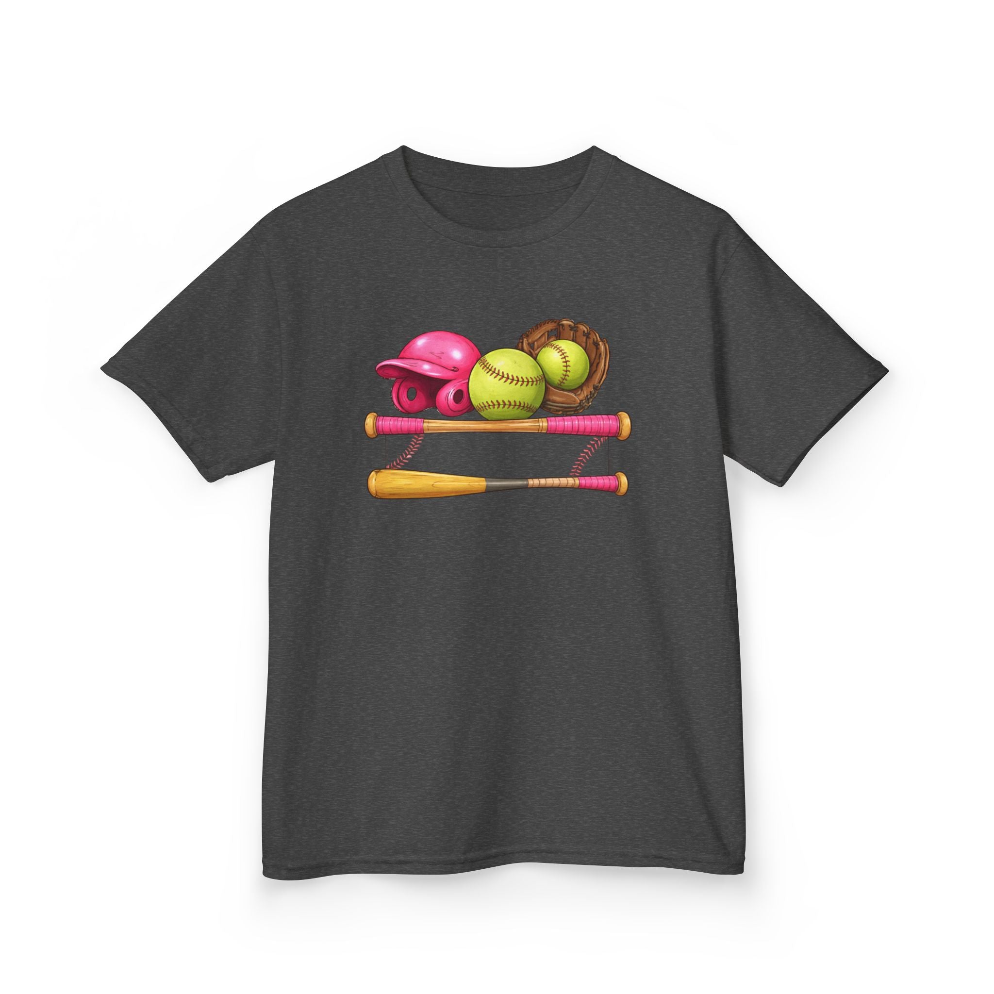 Kids Softball Gear T-Shirt — Pink Helmet, Bat & Glove Baseball Design