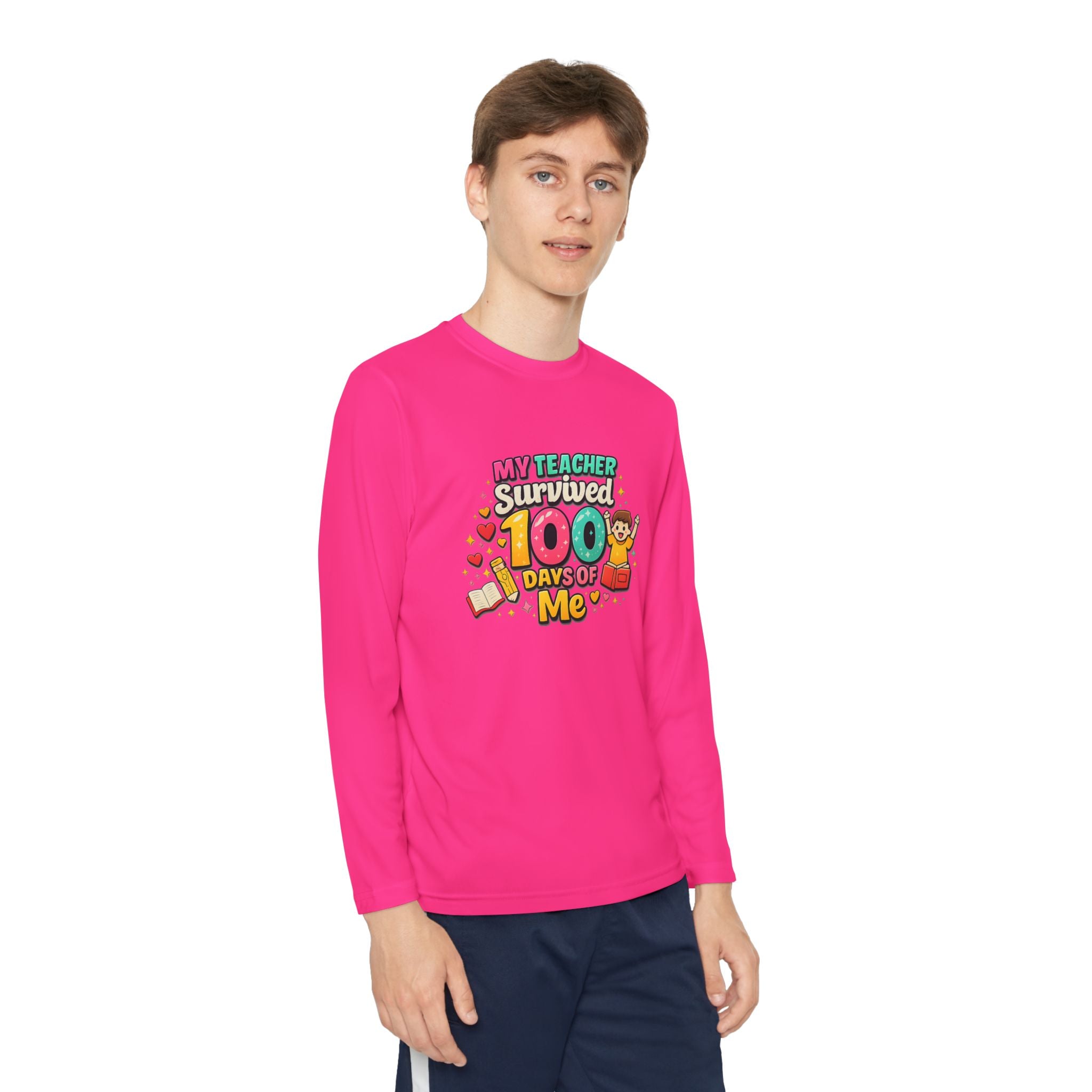 Kids Long Sleeve Tee — “My Teacher Survived 100 Days of Me” Colorful Celebration Shirt