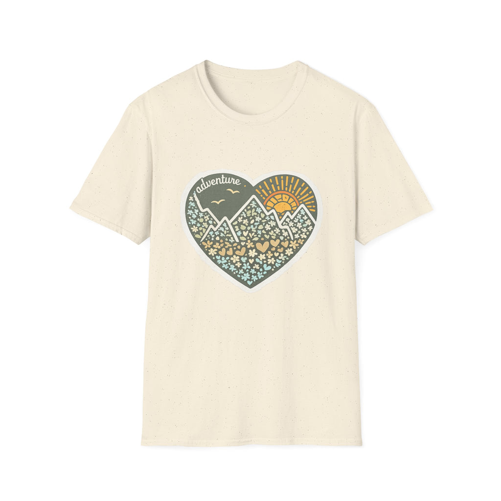 Adventure Heart Mountain T‑Shirt — Sunrise Nature Graphic Tee for Hikers & Outdoor Lovers
