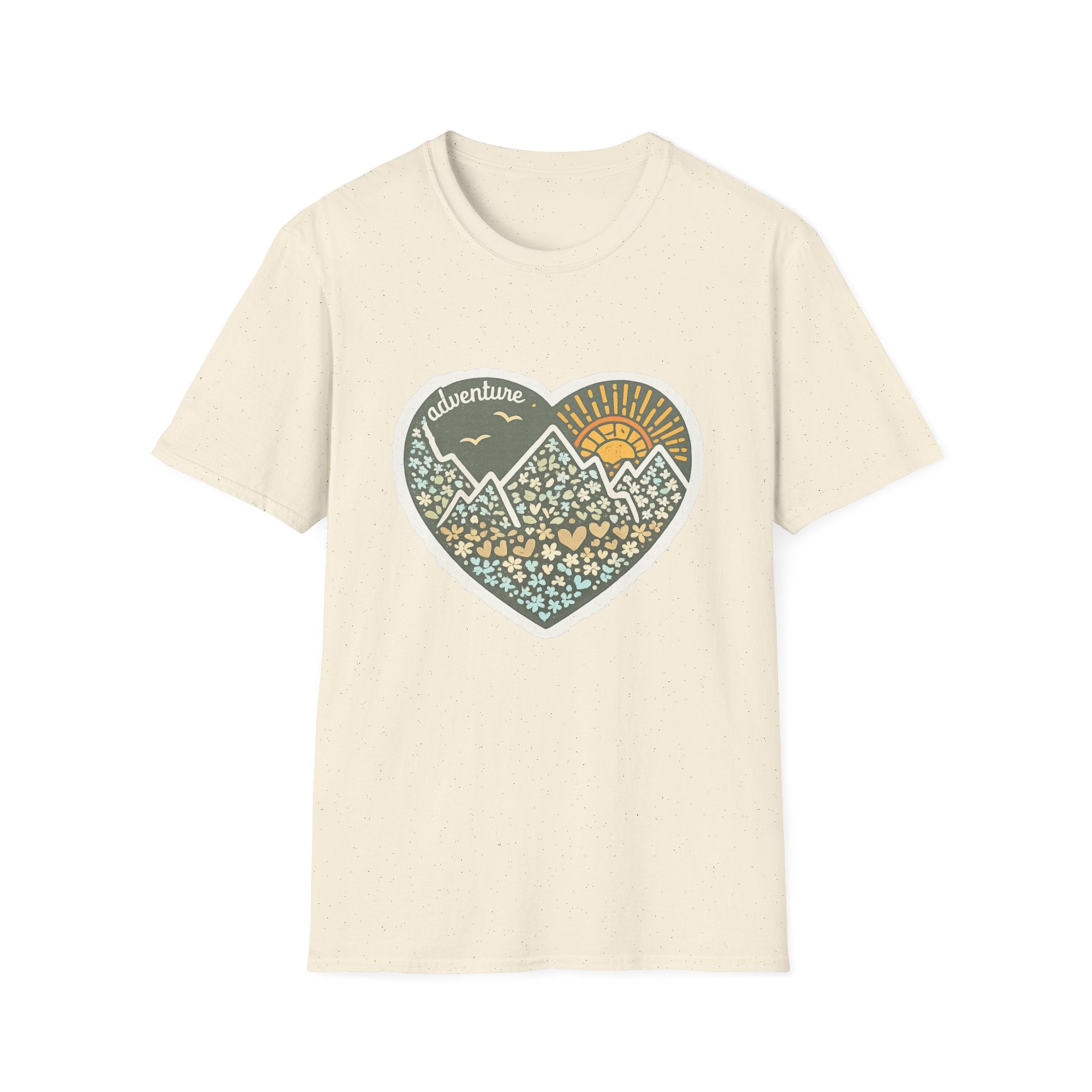Adventure Heart Mountain T‑Shirt — Sunrise Nature Graphic Tee for Hikers & Outdoor Lovers