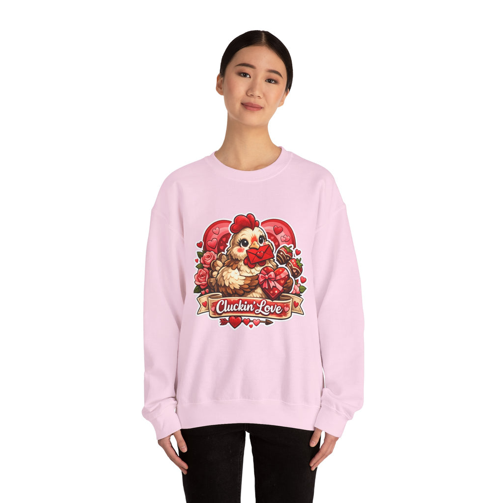Crewneck Sweatshirt — "Cluckin' Love" Cute Chicken Valentine Design