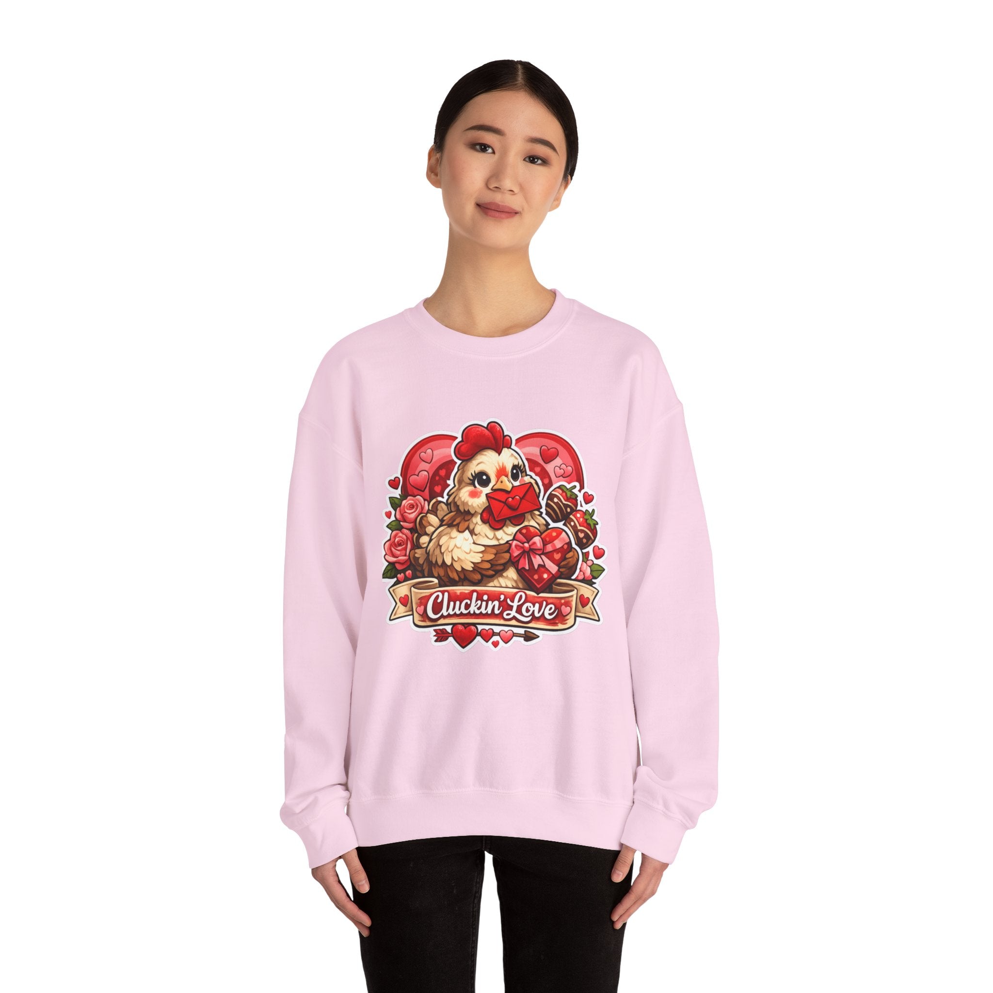 Crewneck Sweatshirt — "Cluckin' Love" Cute Chicken Valentine Design